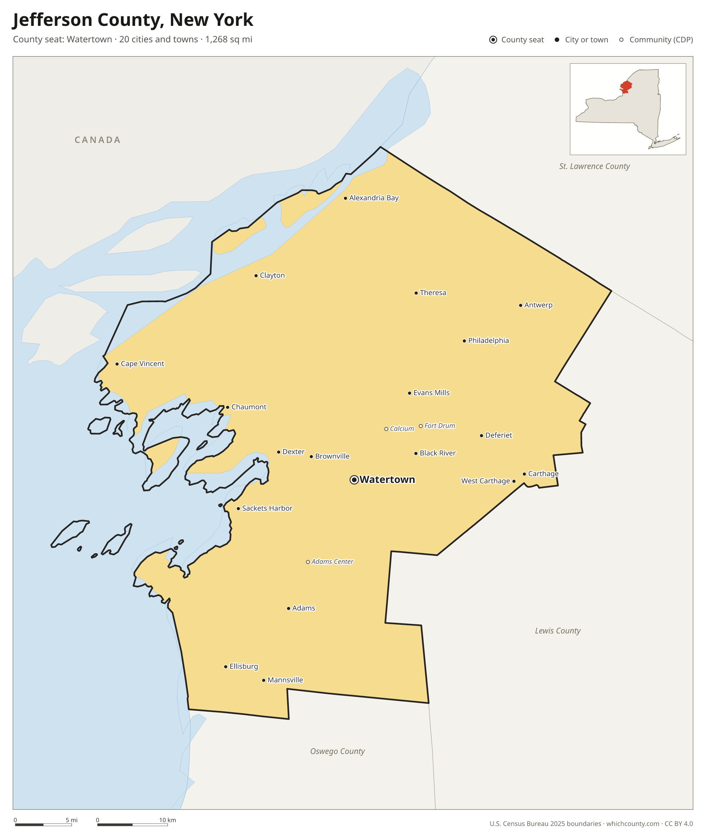 Map of Jefferson County, New York with cities, towns and the county boundary