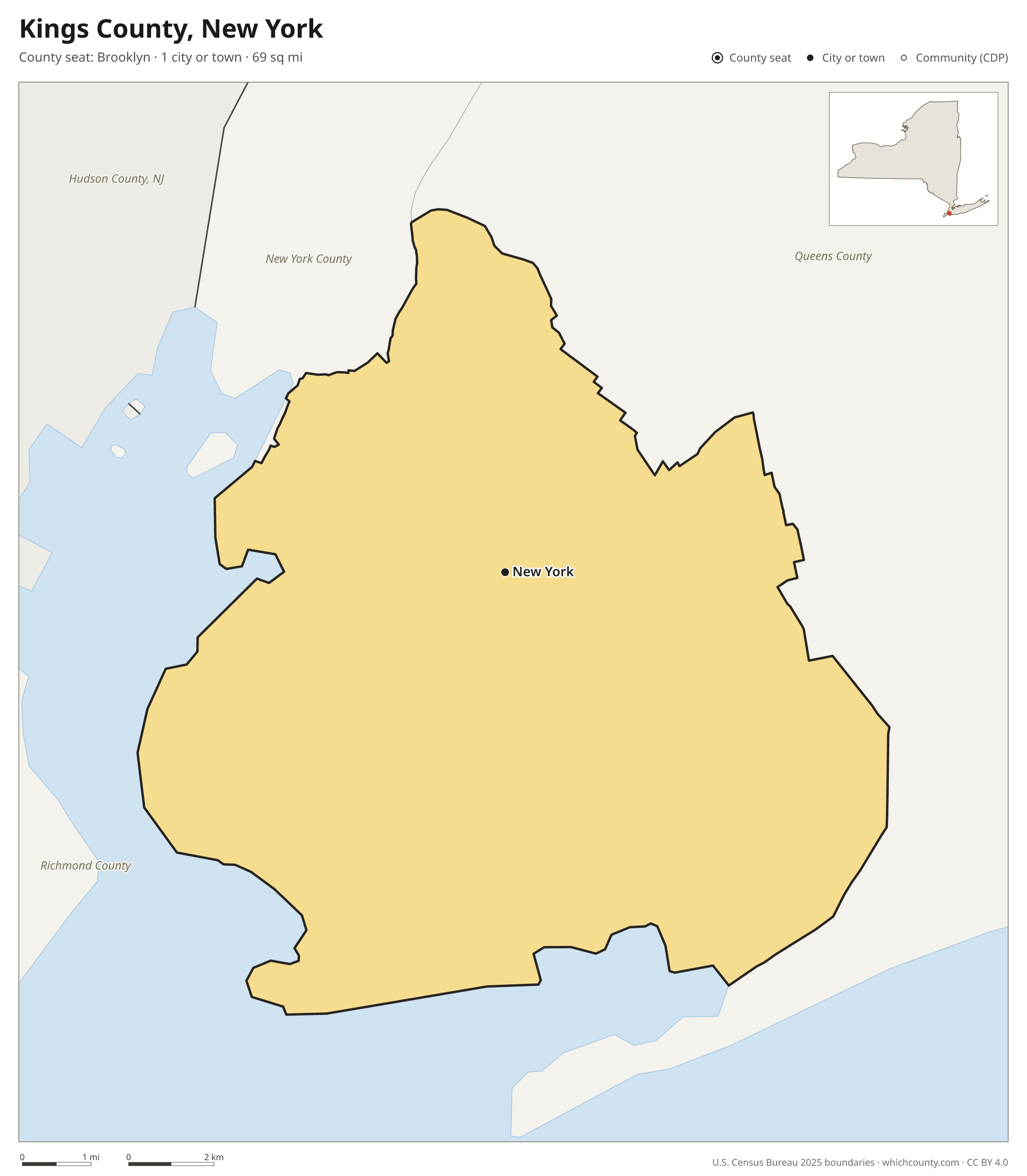 Map of Kings County, New York with cities, towns and the county boundary