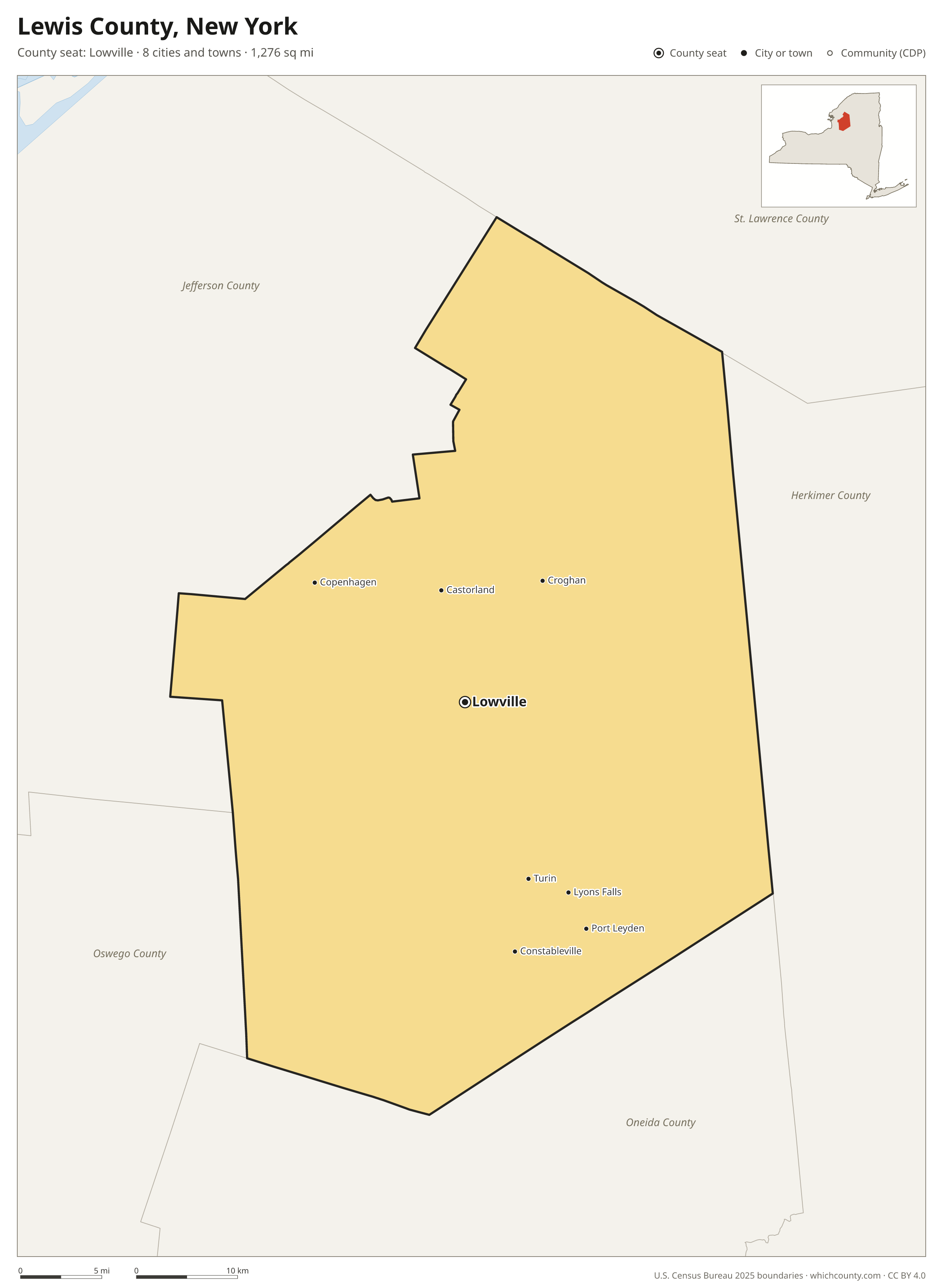 Map of Lewis County, New York with cities, towns and the county boundary