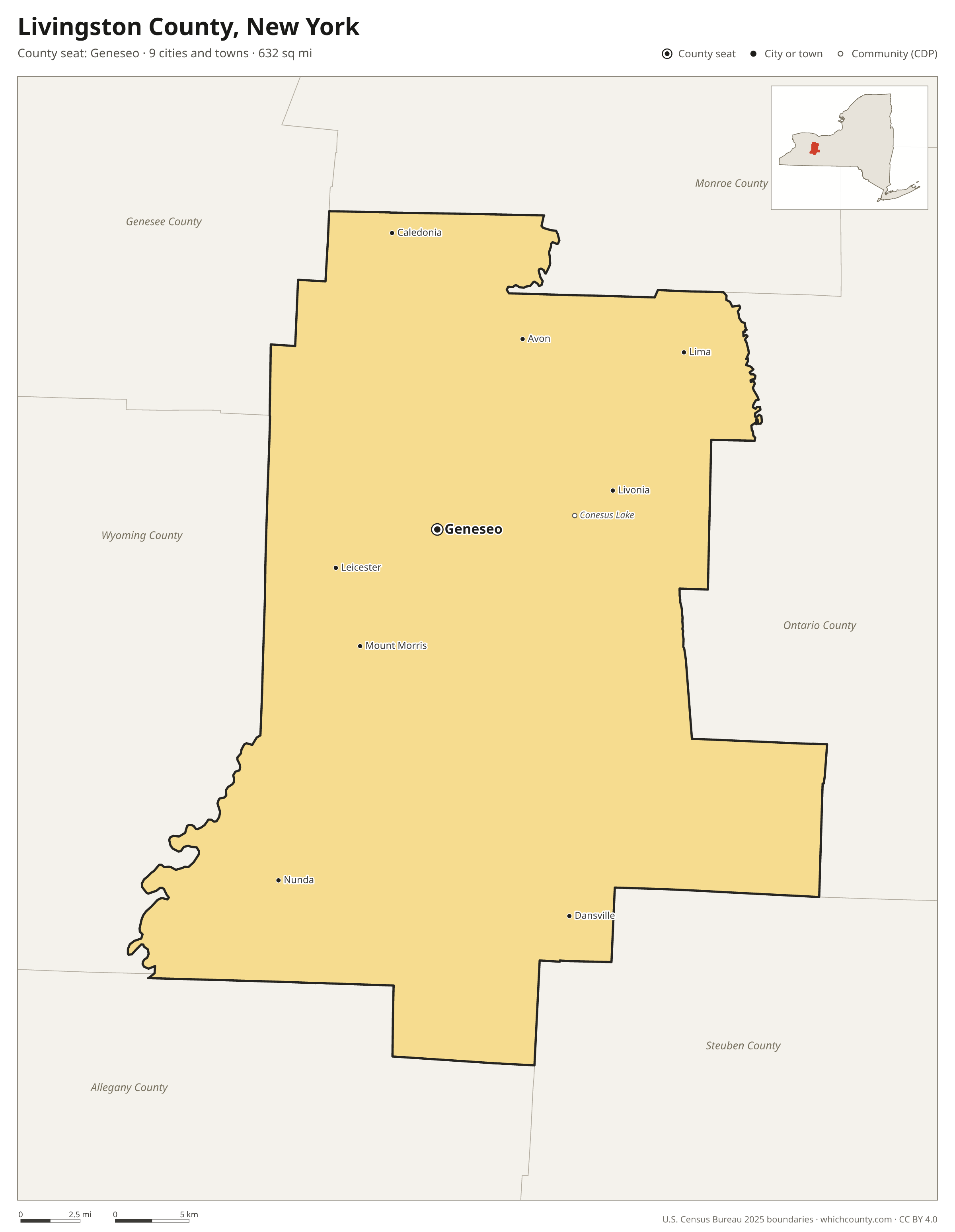 Map of Livingston County, New York with cities, towns and the county boundary
