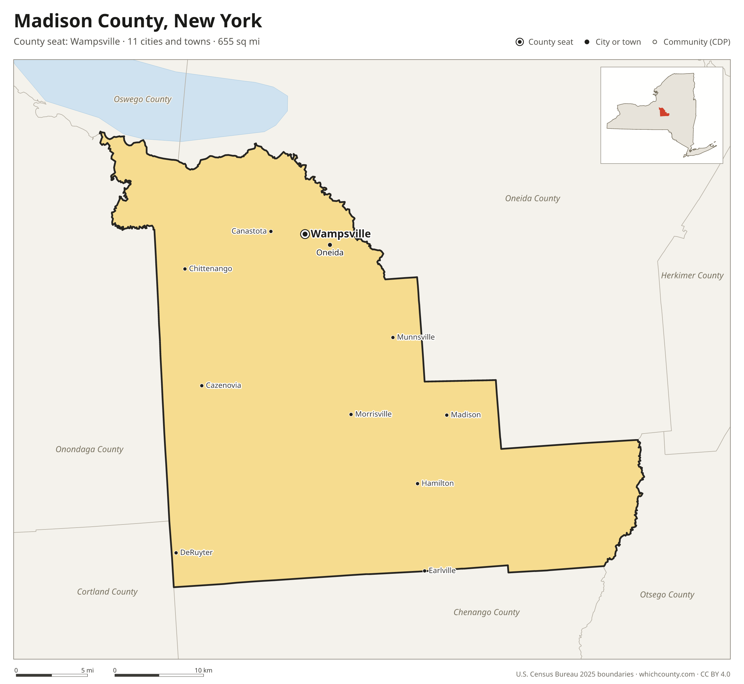 Map of Madison County, New York with cities, towns and the county boundary