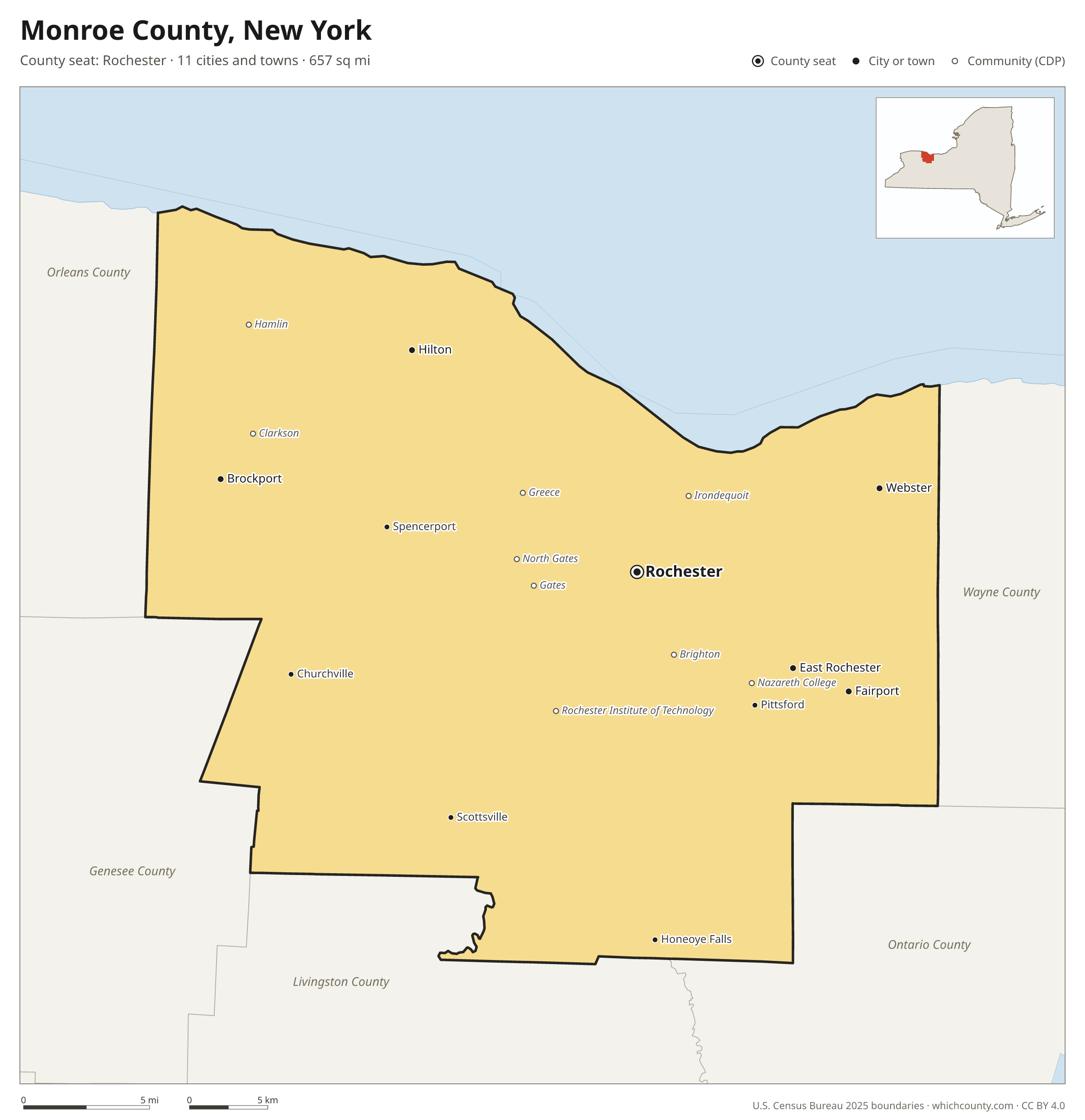 Map of Monroe County, New York with cities, towns and the county boundary