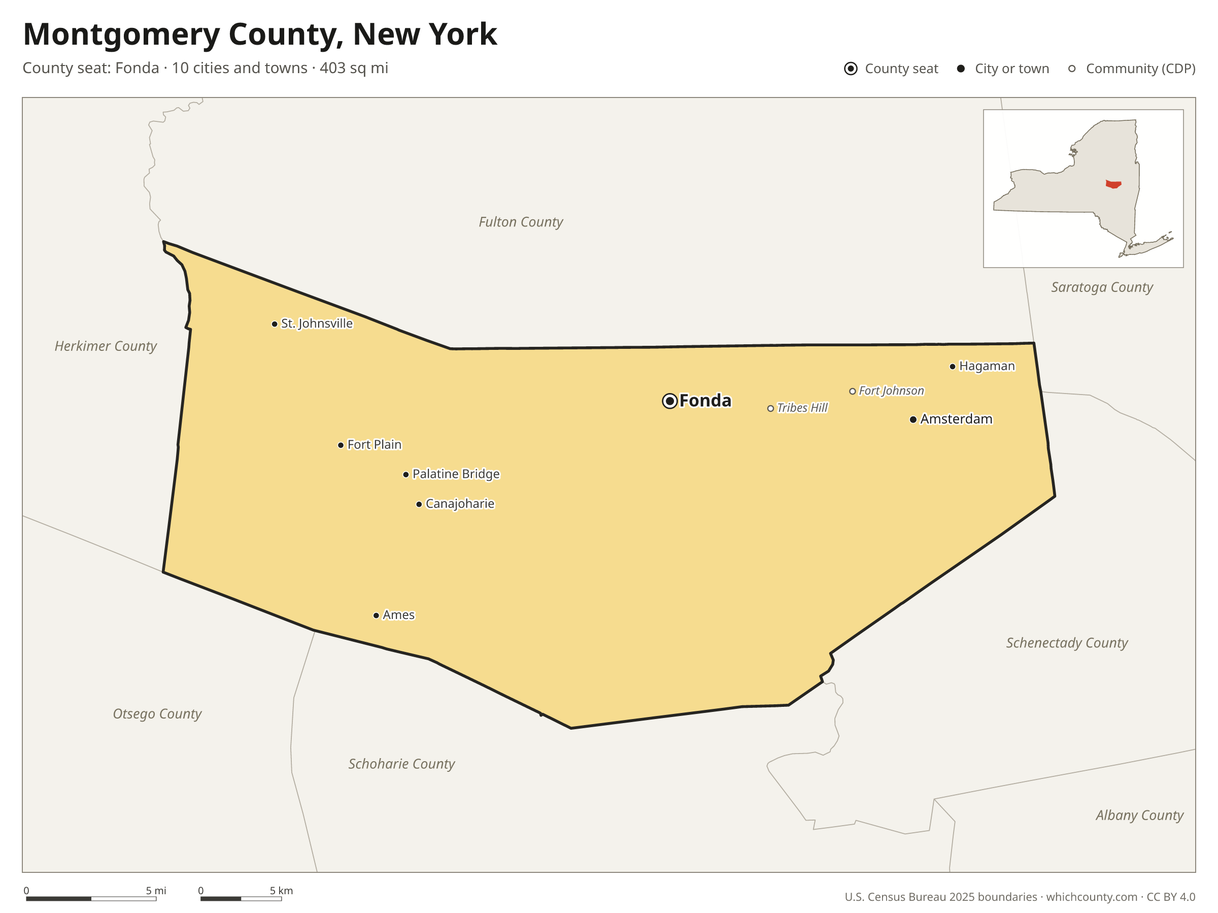 Map of Montgomery County, New York with cities, towns and the county boundary