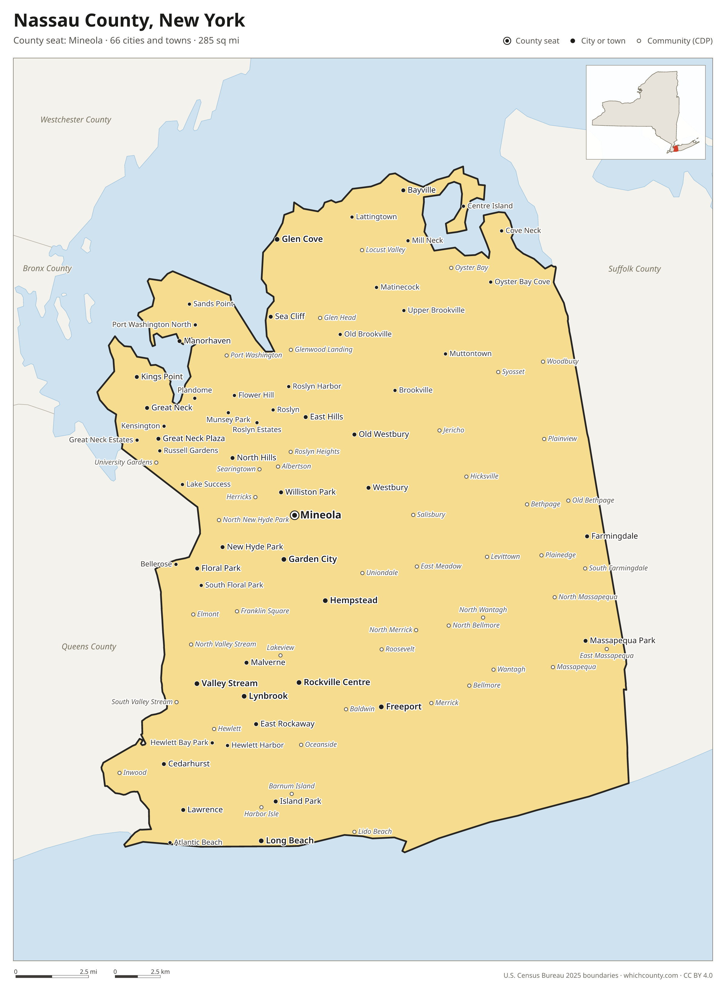 Map of Nassau County, New York with cities, towns and the county boundary