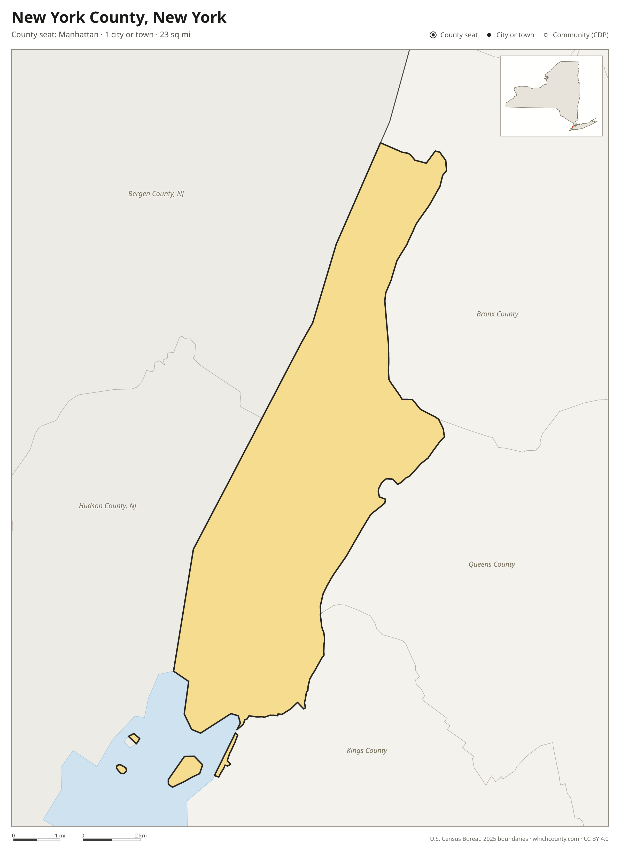 Map of New York County, New York with cities, towns and the county boundary