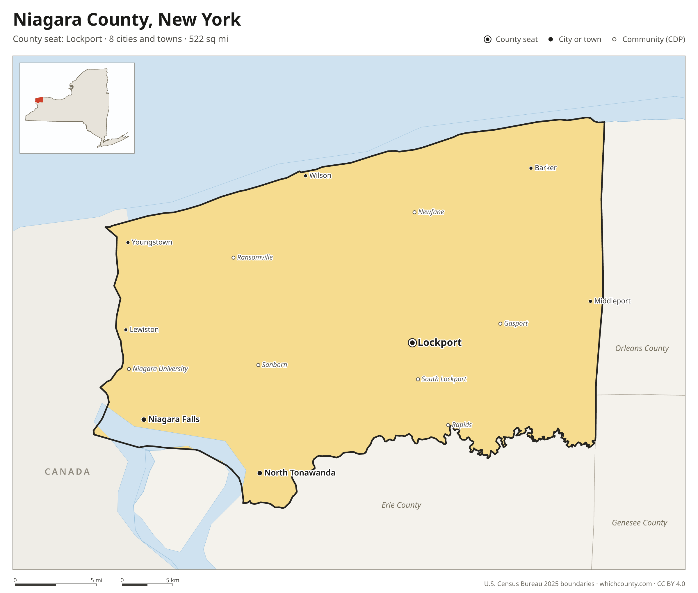 Map of Niagara County, New York with cities, towns and the county boundary