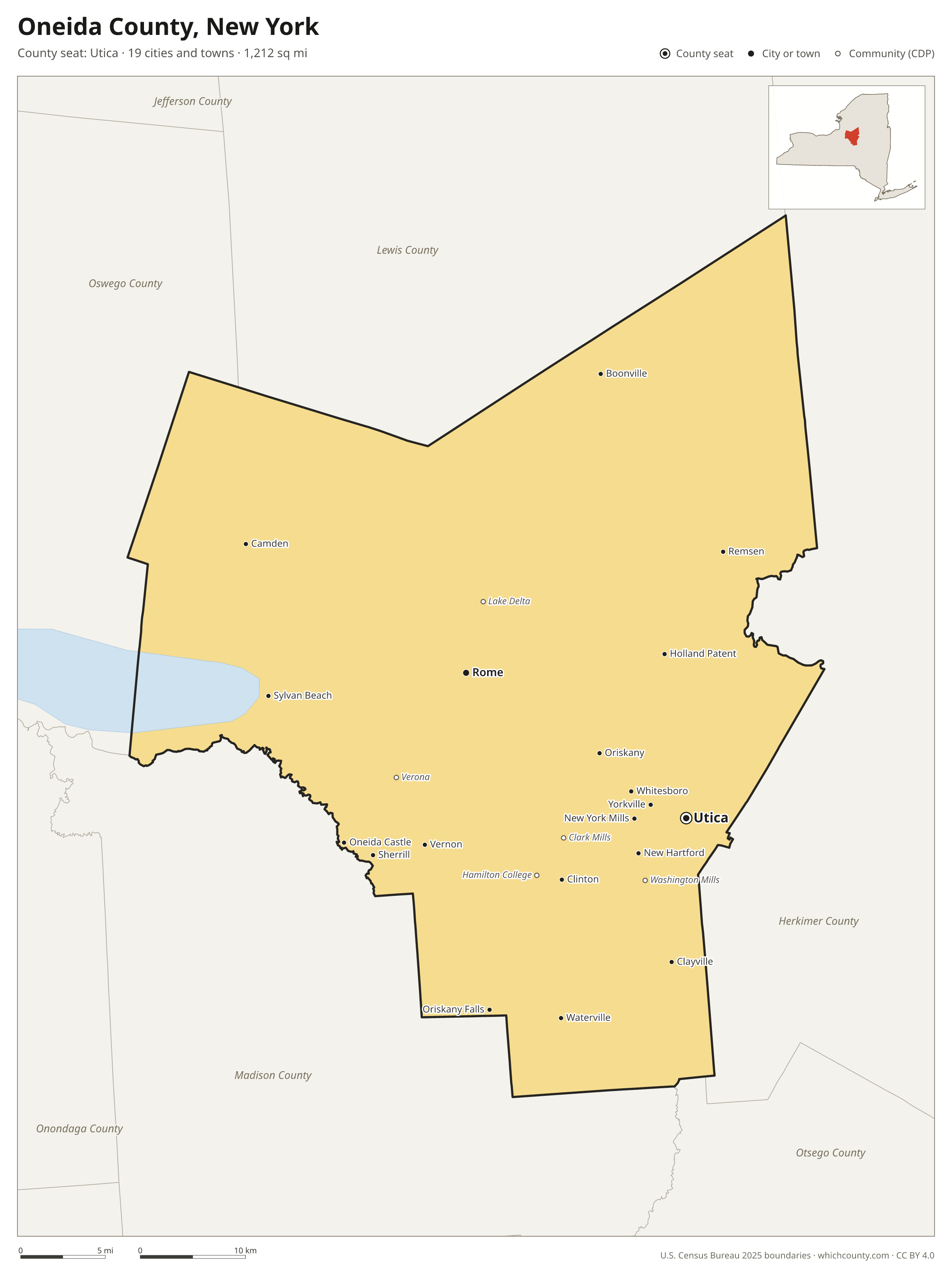 Map of Oneida County, New York with cities, towns and the county boundary