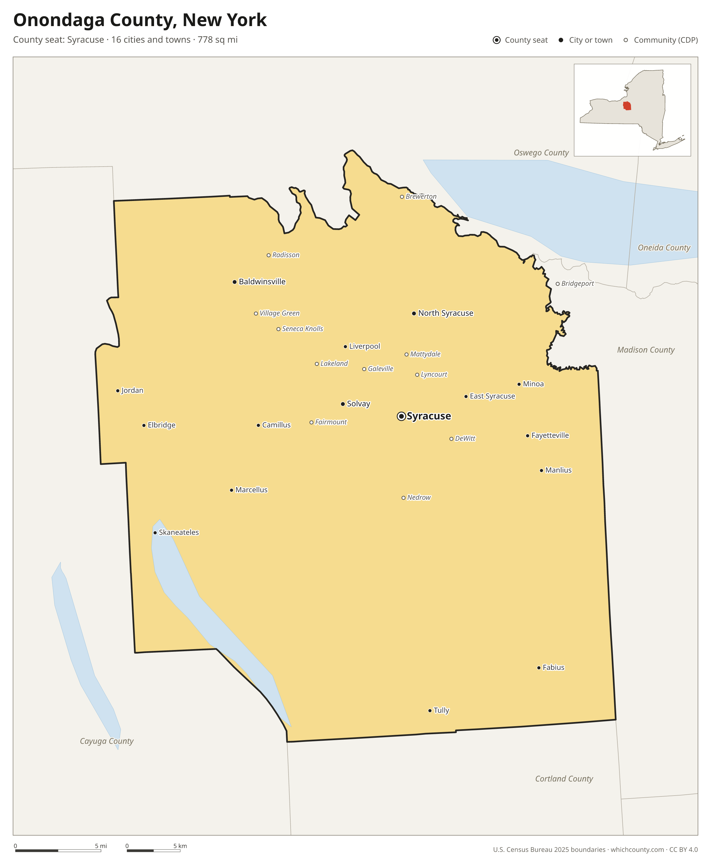 Map of Onondaga County, New York with cities, towns and the county boundary