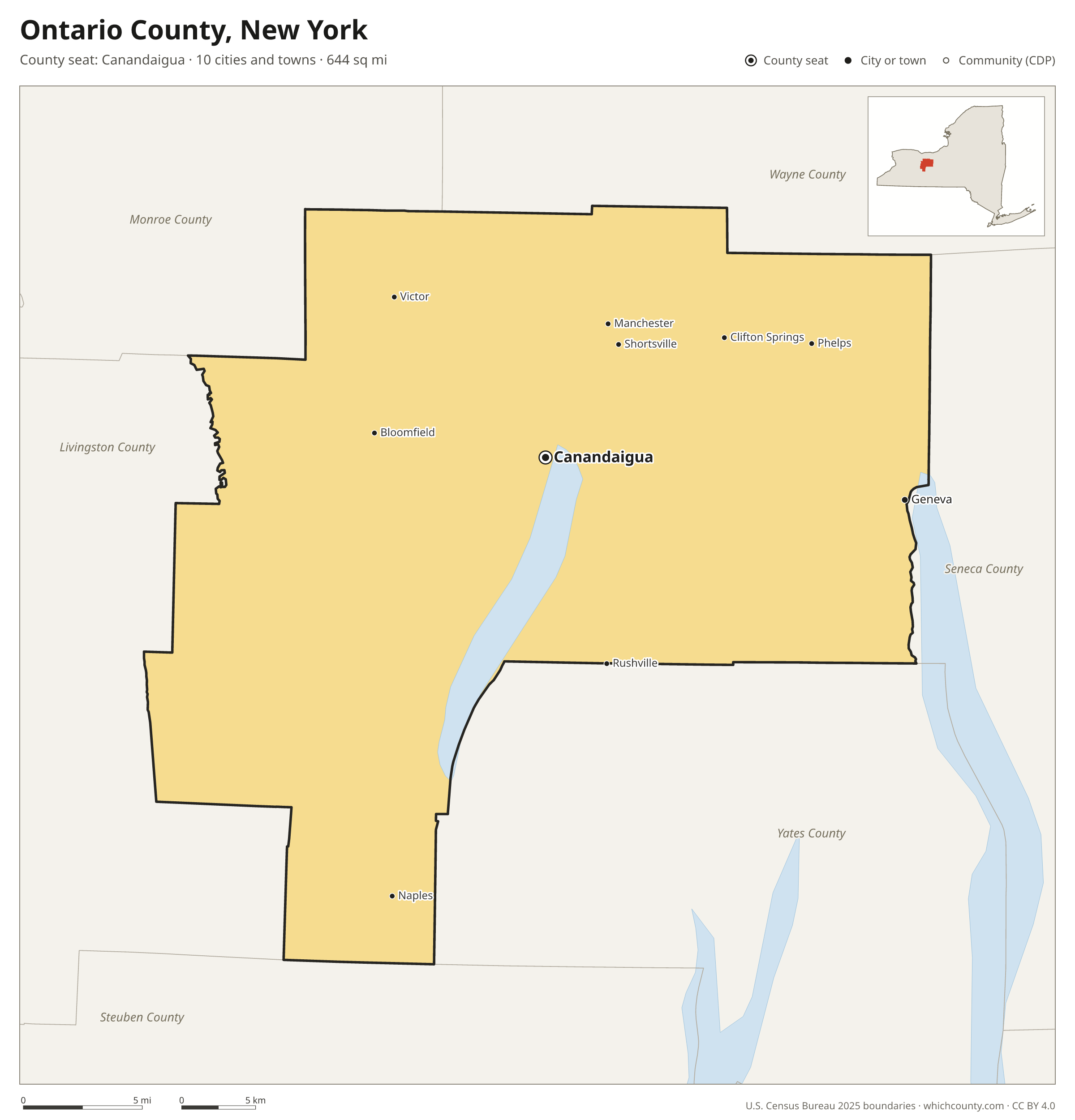 Map of Ontario County, New York with cities, towns and the county boundary