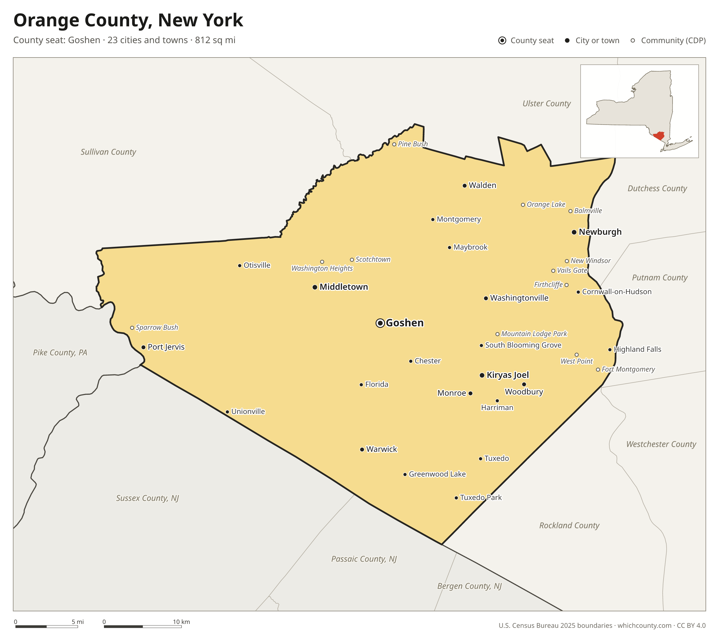 Map of Orange County, New York with cities, towns and the county boundary