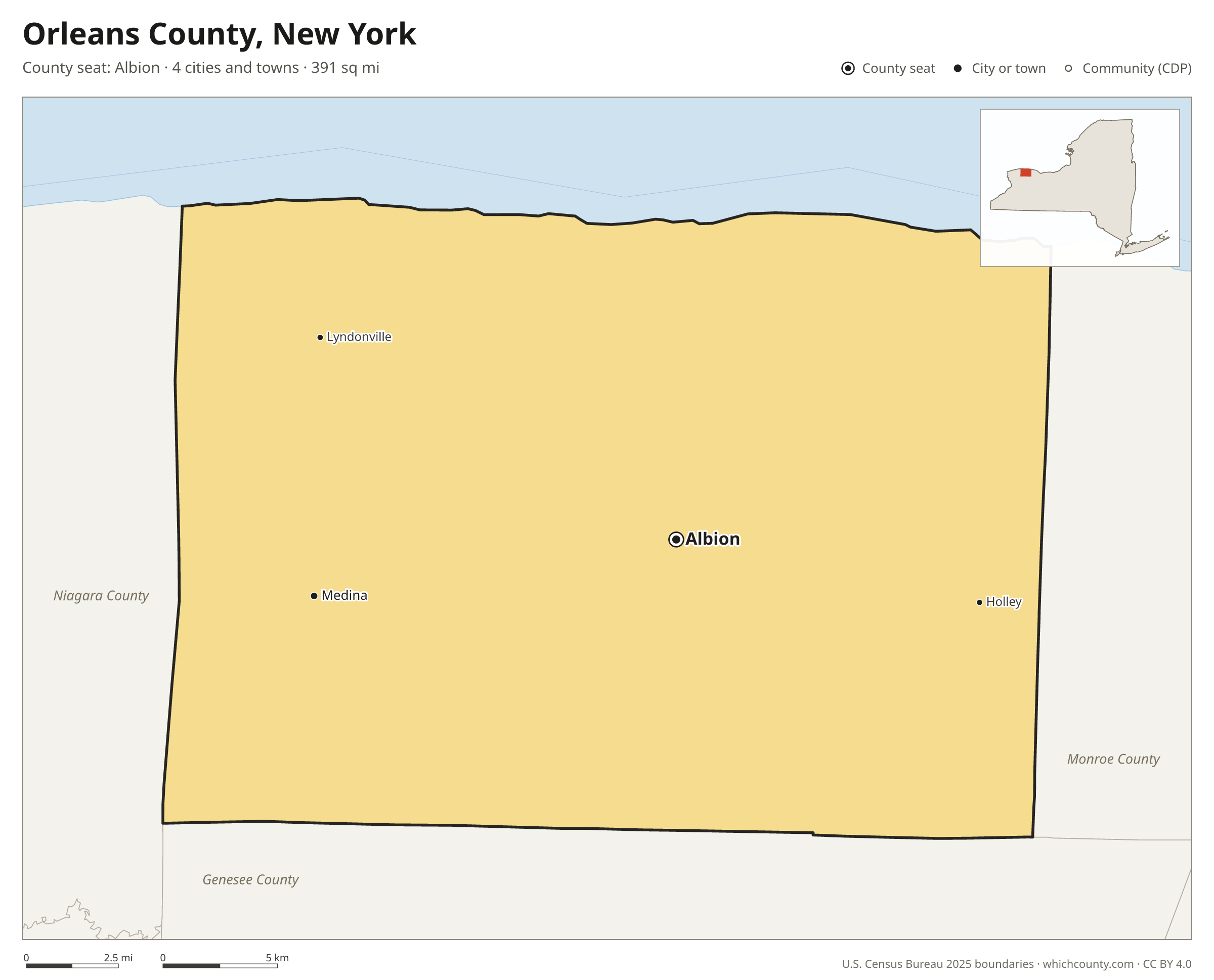 Map of Orleans County, New York with cities, towns and the county boundary