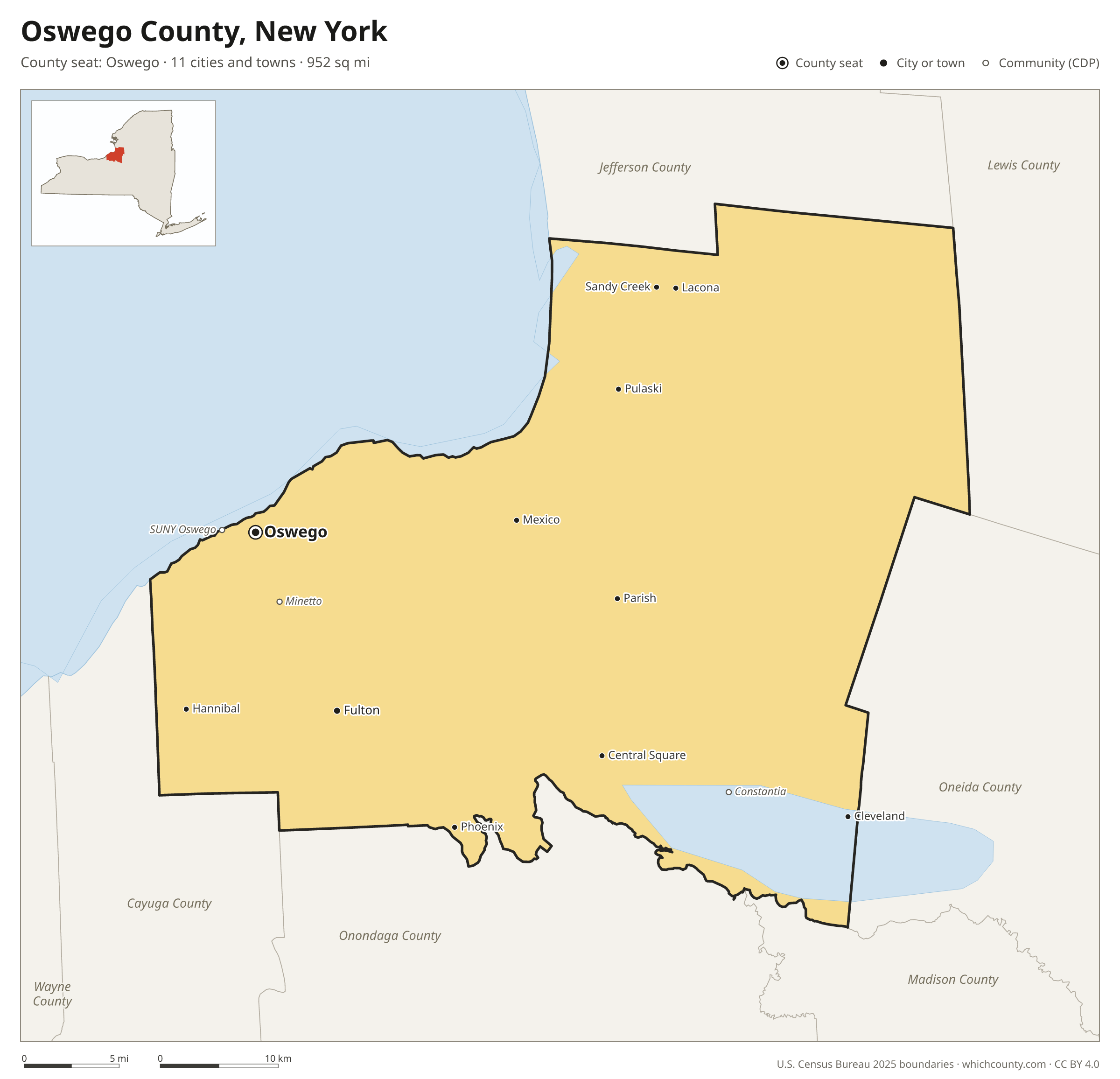 Map of Oswego County, New York with cities, towns and the county boundary
