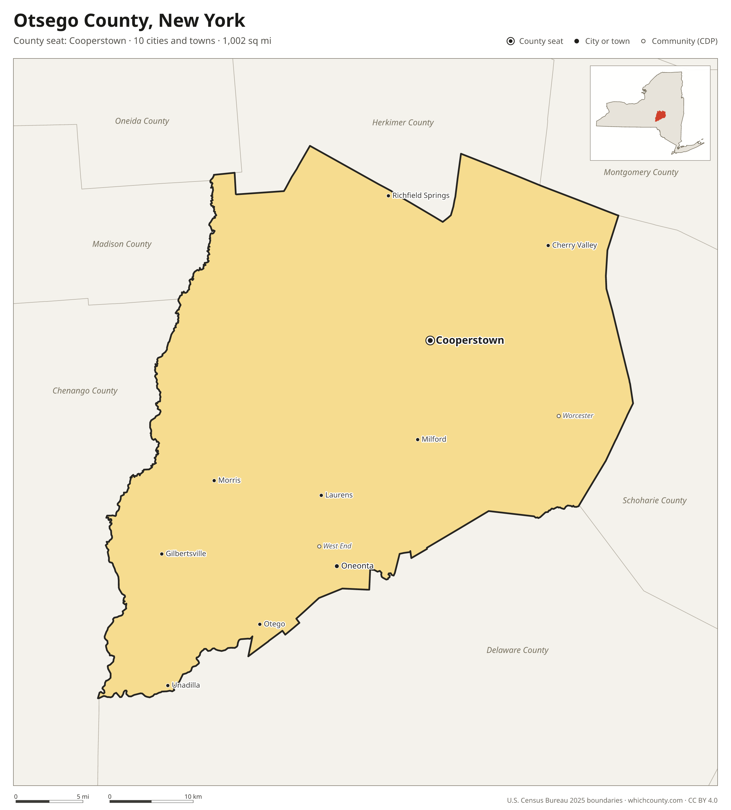 Map of Otsego County, New York with cities, towns and the county boundary