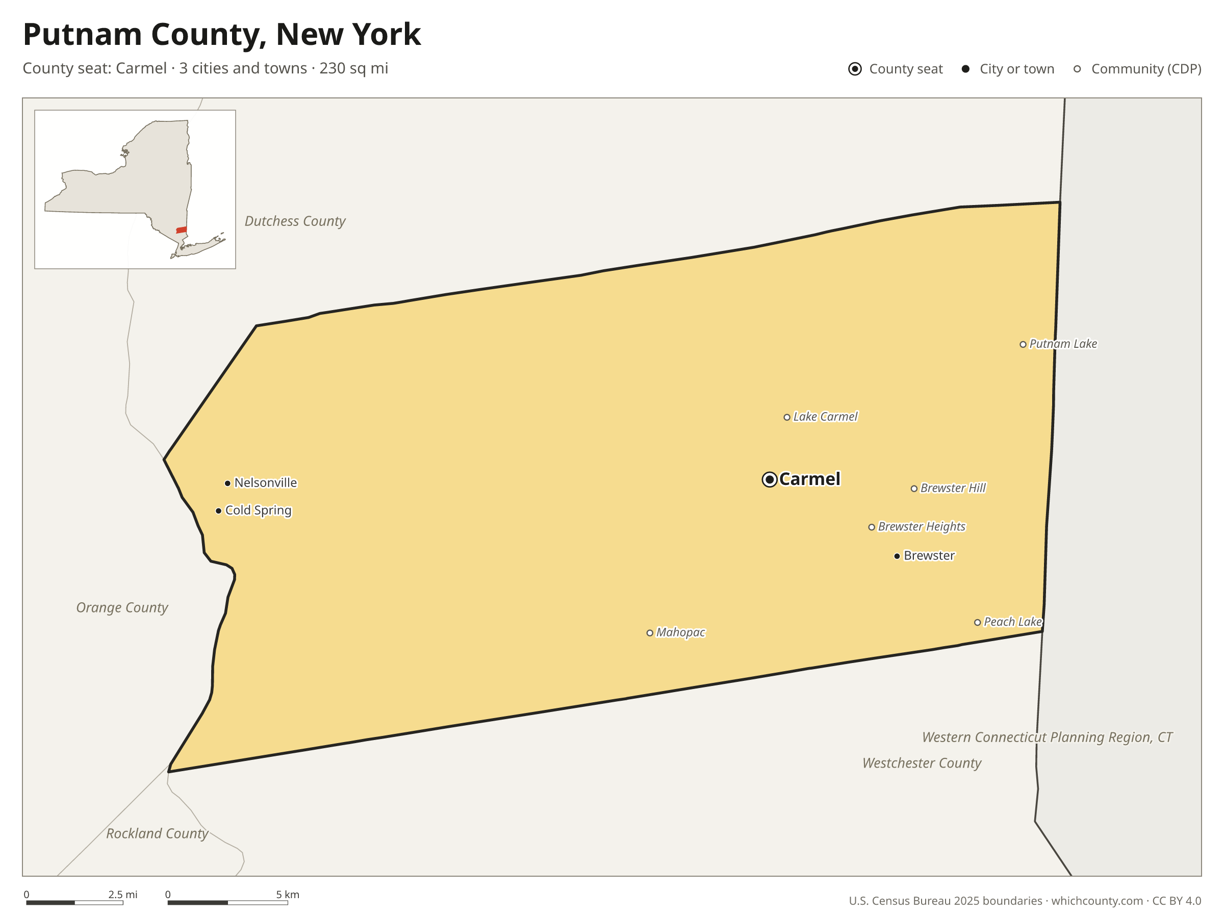 Map of Putnam County, New York with cities, towns and the county boundary