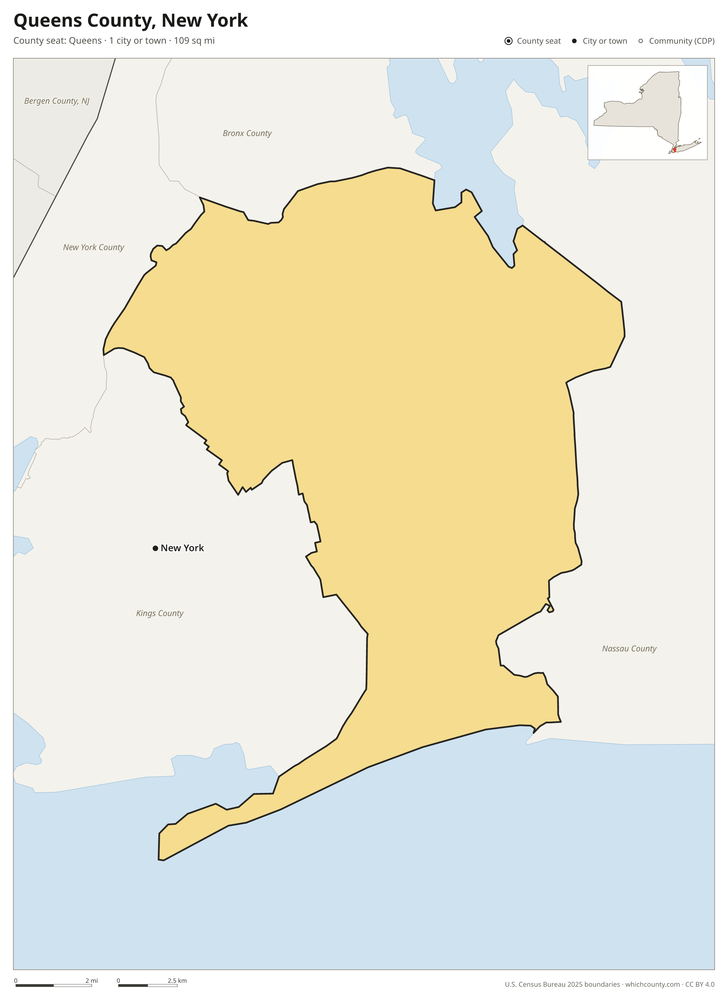 Map of Queens County, New York with cities, towns and the county boundary