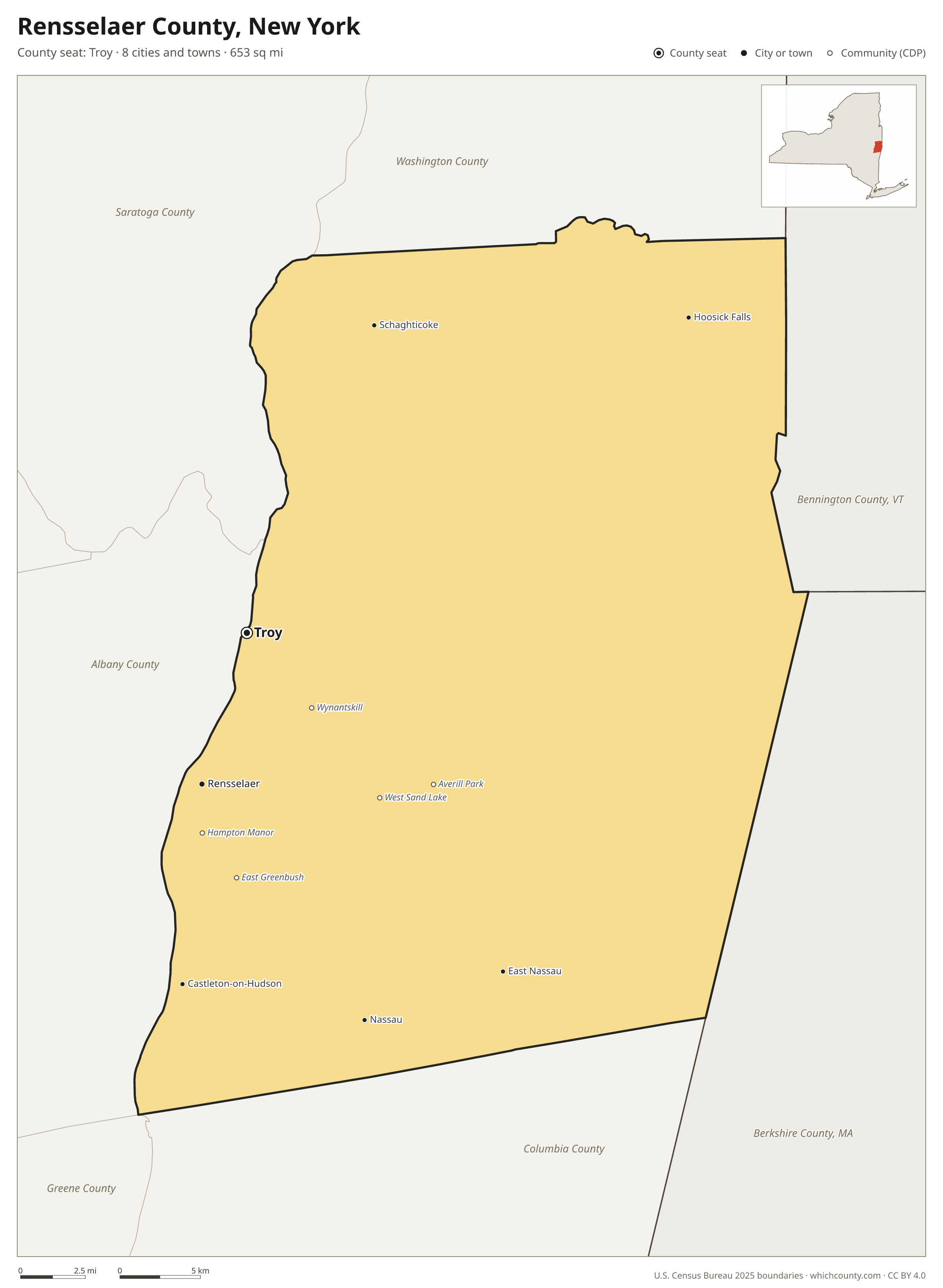 Map of Rensselaer County, New York with cities, towns and the county boundary