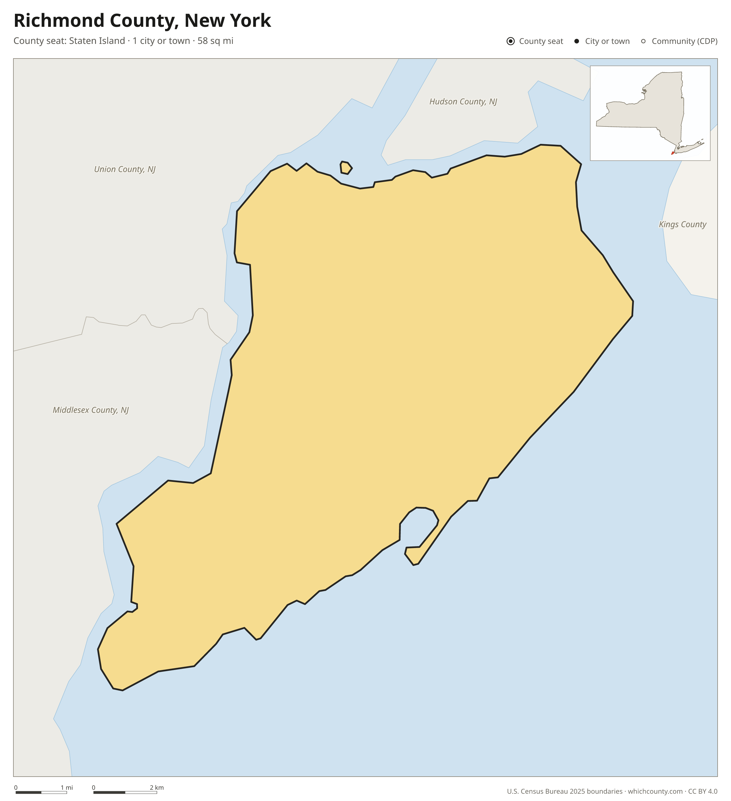 Map of Richmond County, New York with cities, towns and the county boundary
