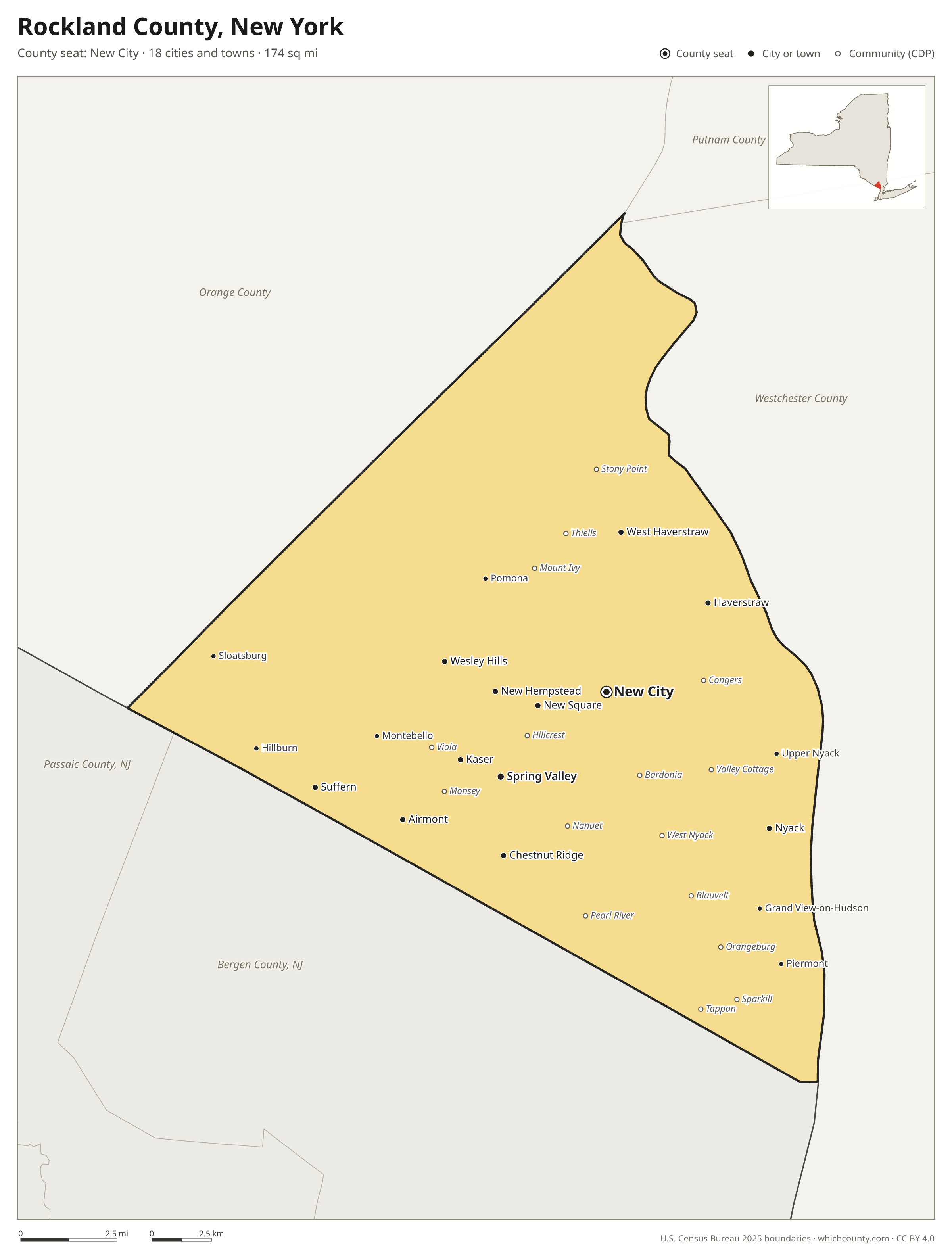 Map of Rockland County, New York with cities, towns and the county boundary