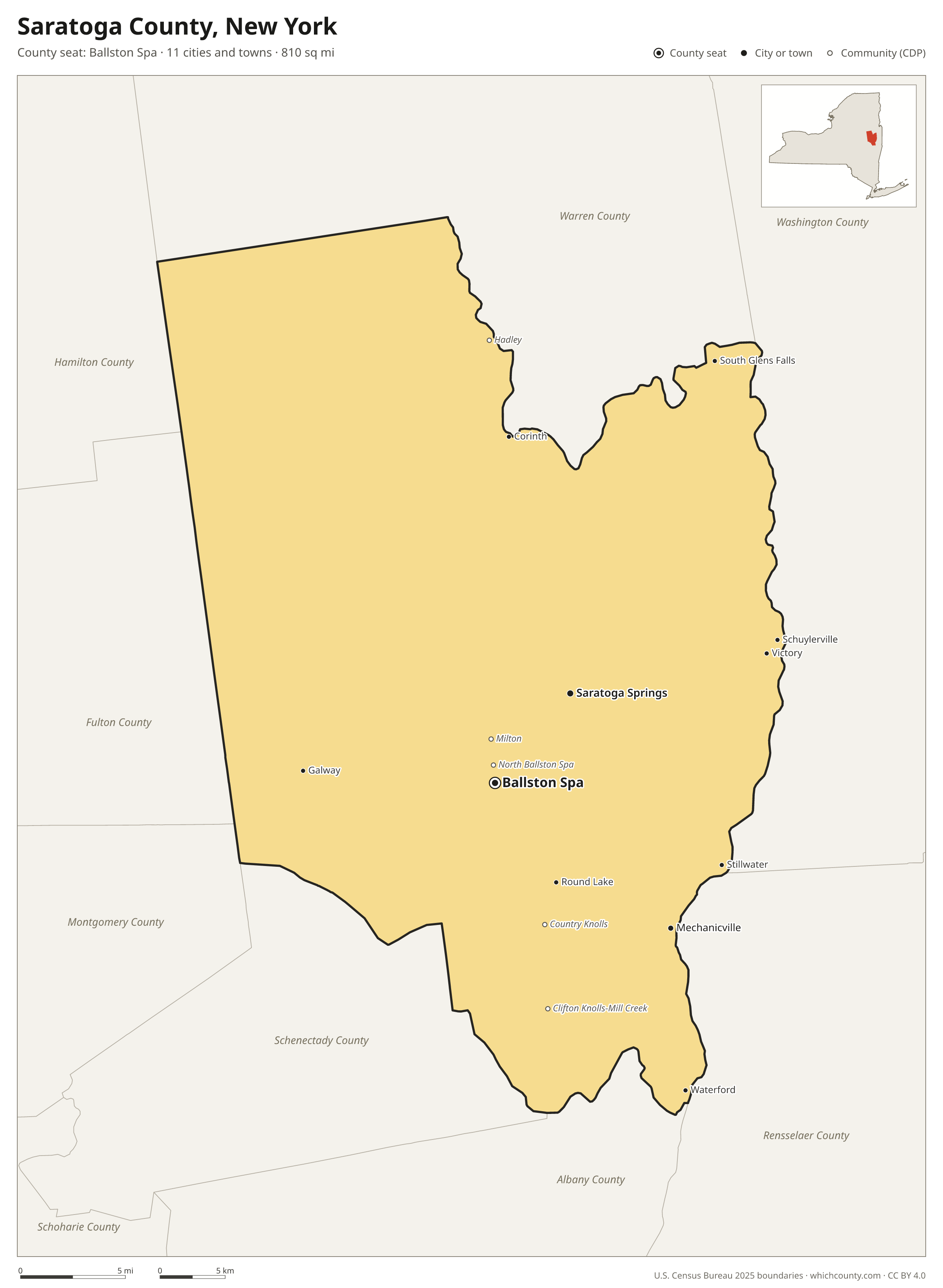 Map of Saratoga County, New York with cities, towns and the county boundary