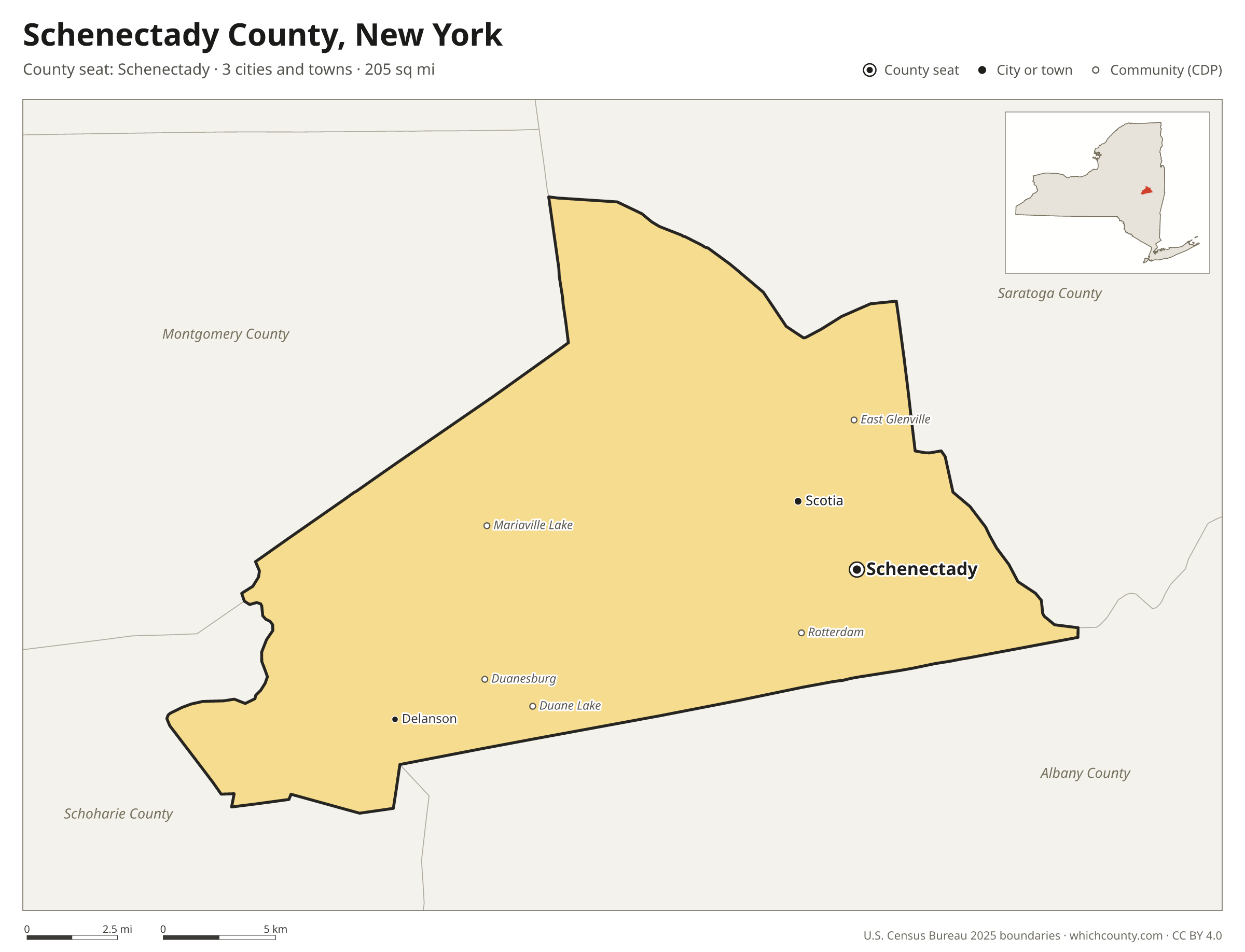 Map of Schenectady County, New York with cities, towns and the county boundary