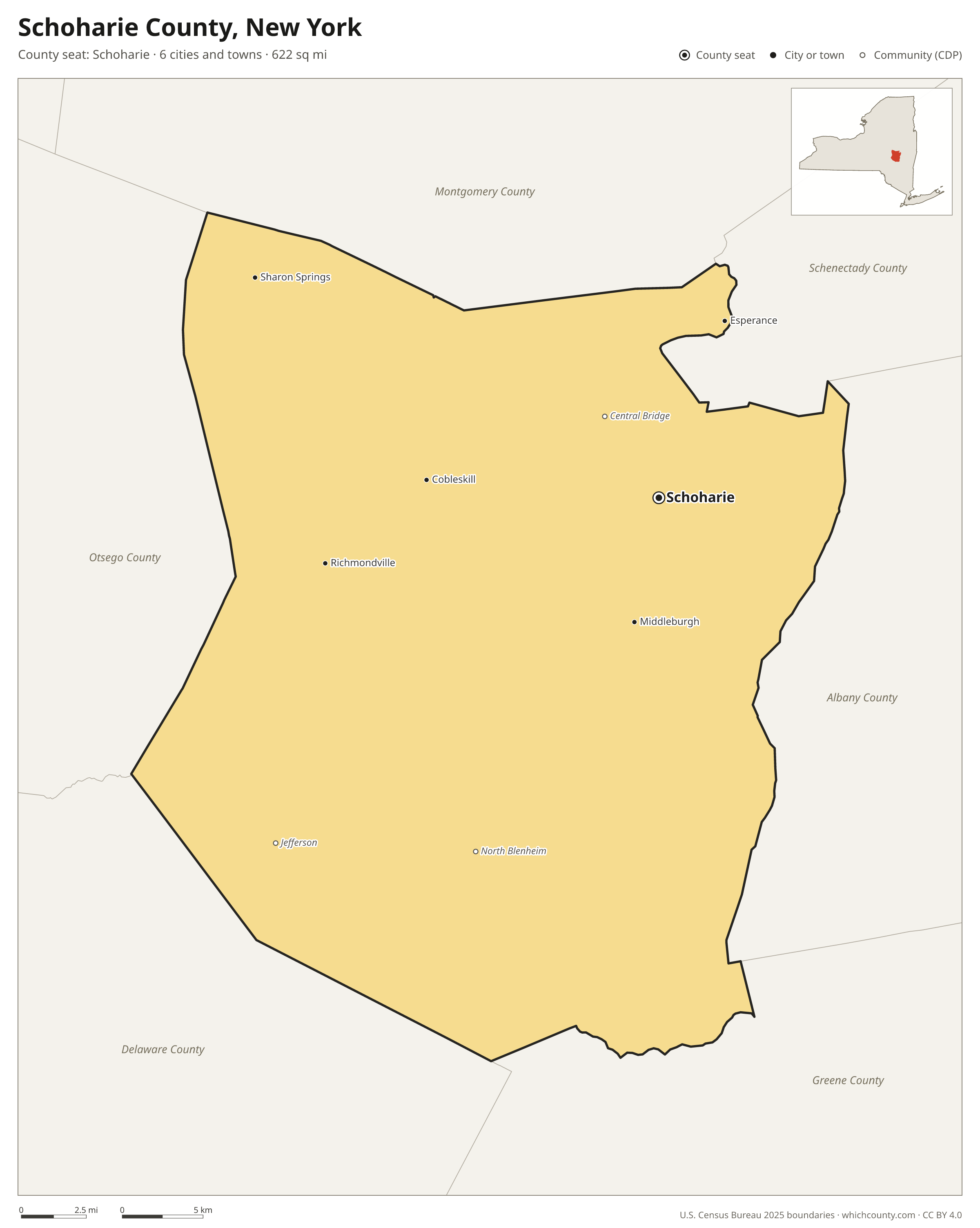 Map of Schoharie County, New York with cities, towns and the county boundary