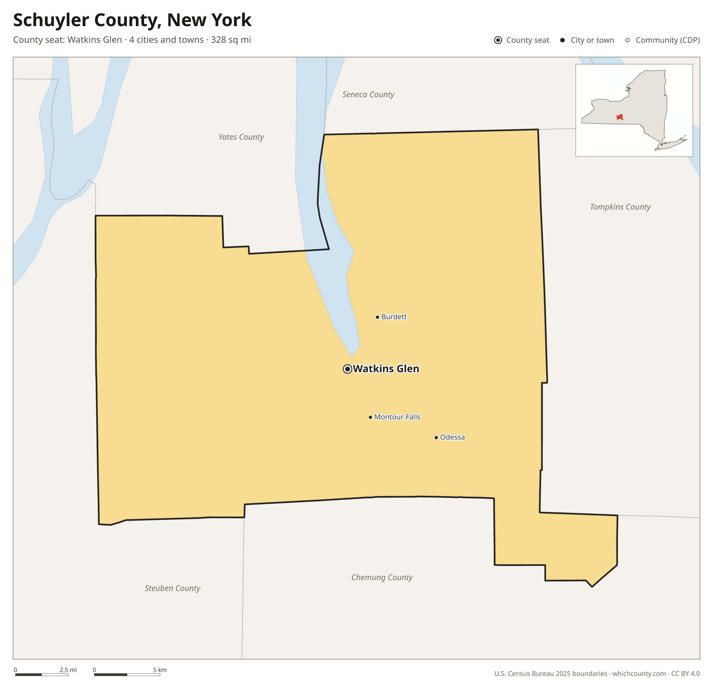 Map of Schuyler County, New York with cities, towns and the county boundary