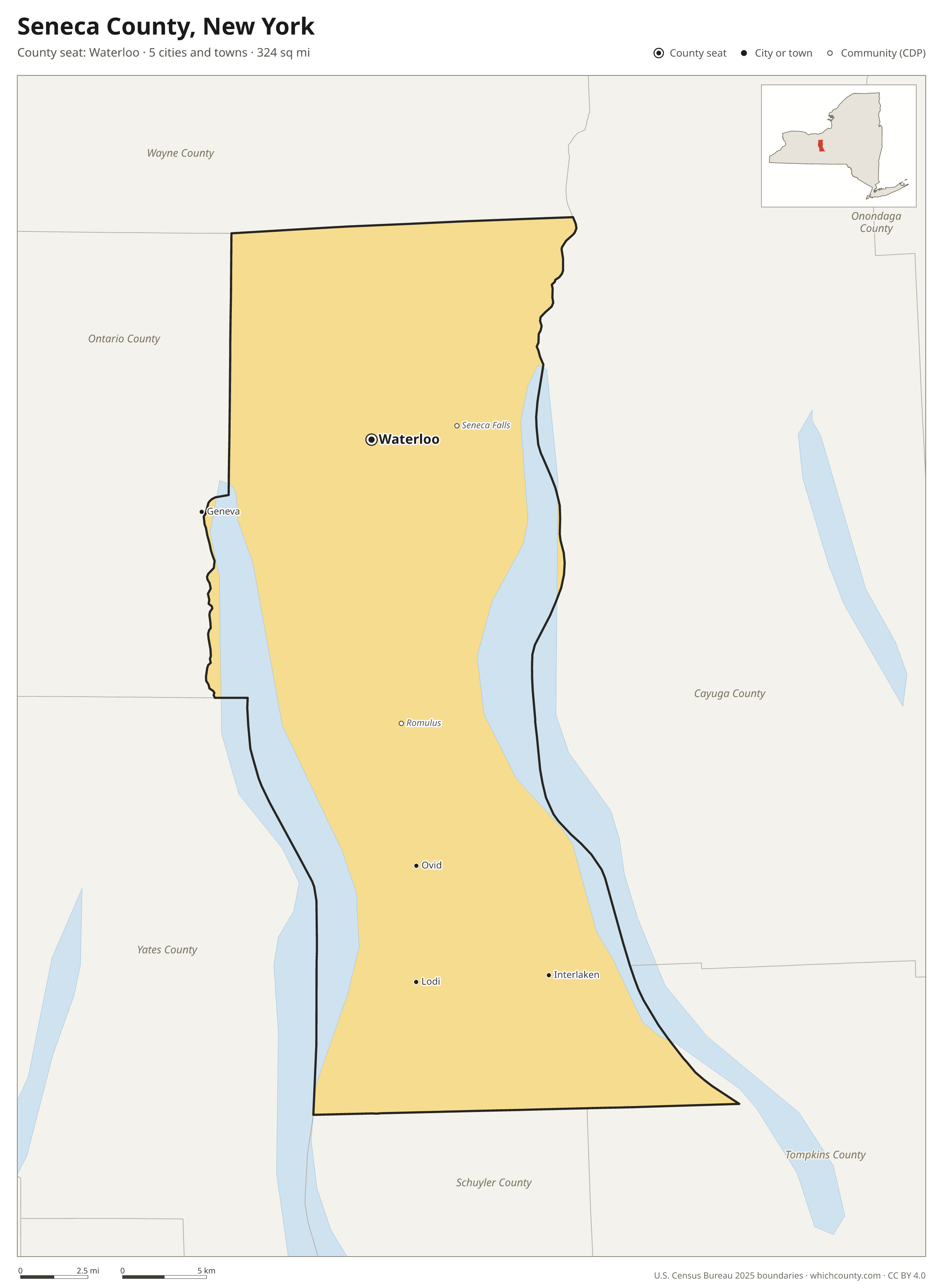 Map of Seneca County, New York with cities, towns and the county boundary