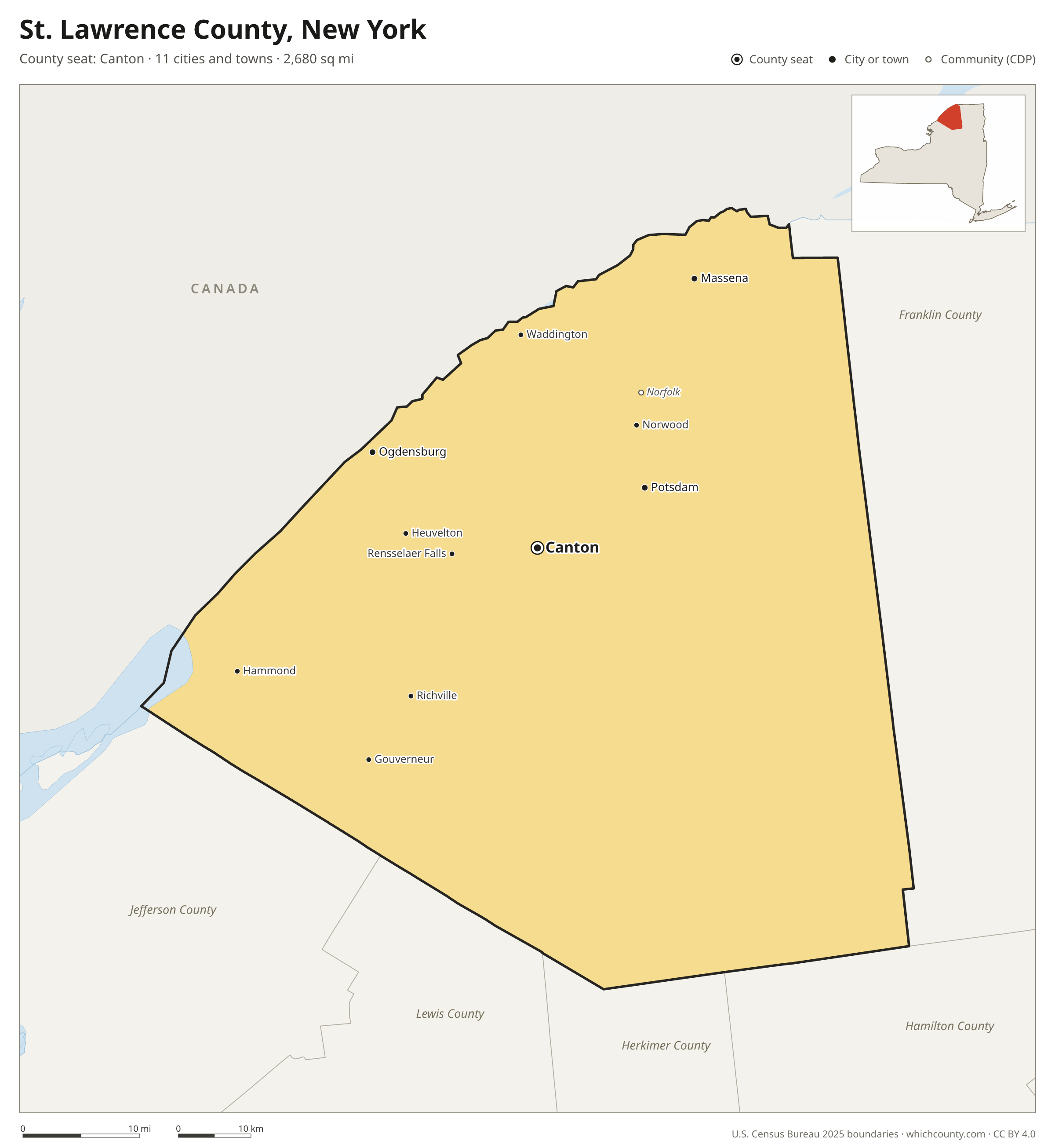 Map of St. Lawrence County, New York with cities, towns and the county boundary