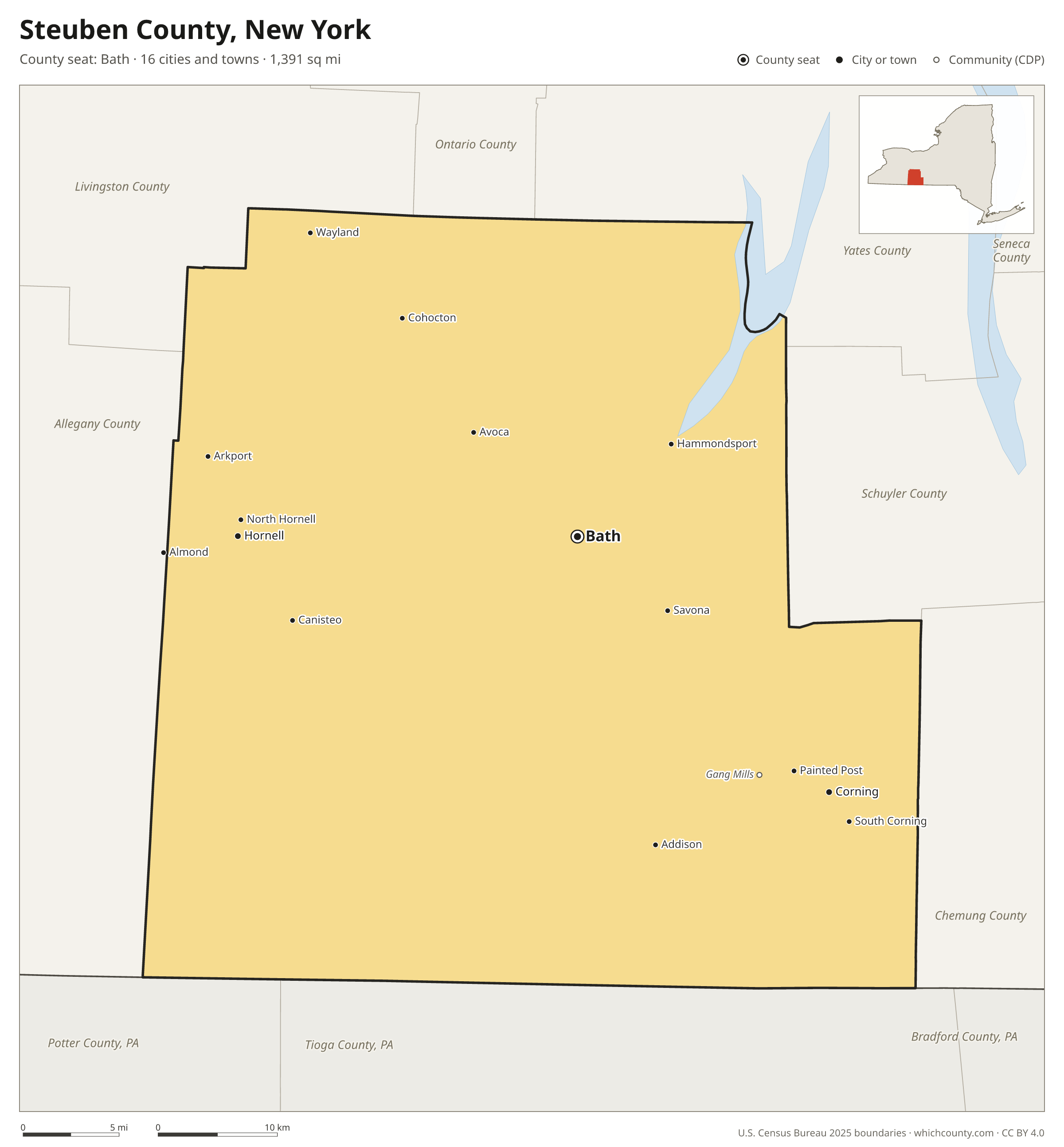 Map of Steuben County, New York with cities, towns and the county boundary