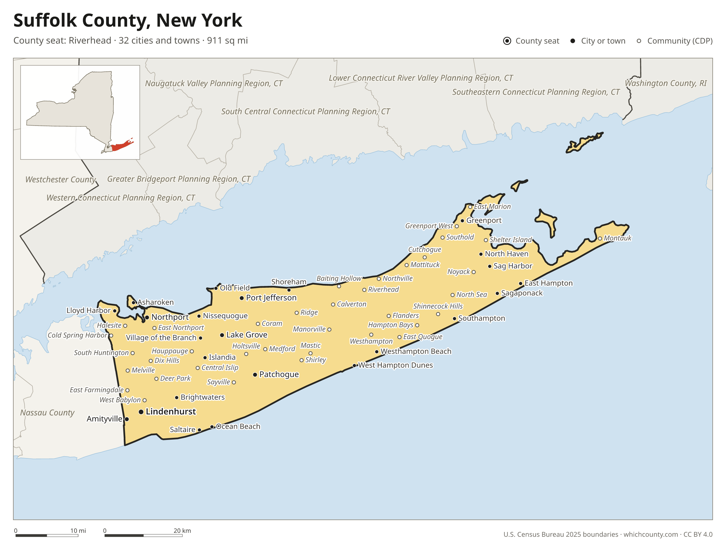 Map of Suffolk County, New York with cities, towns and the county boundary