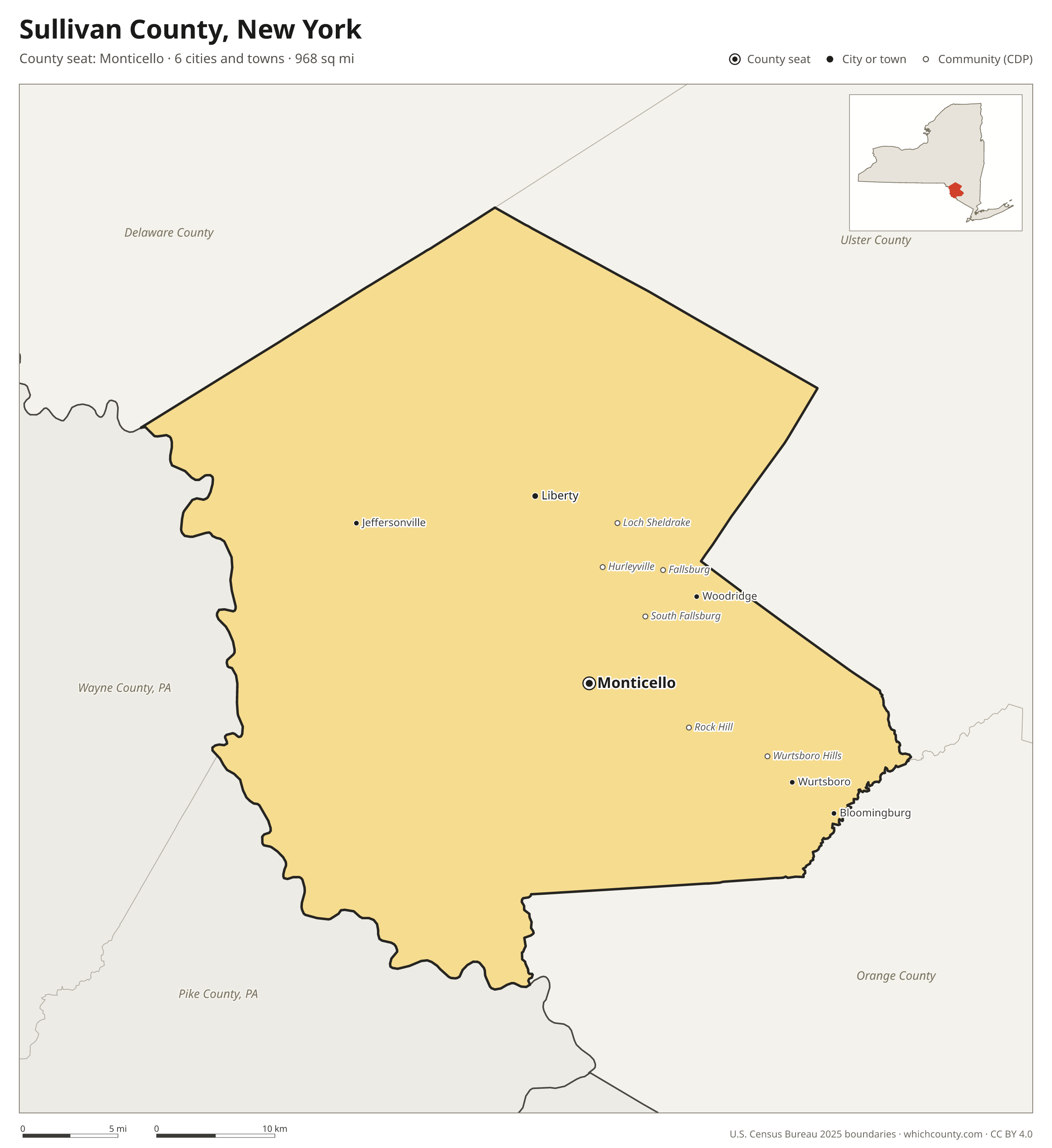 Map of Sullivan County, New York with cities, towns and the county boundary