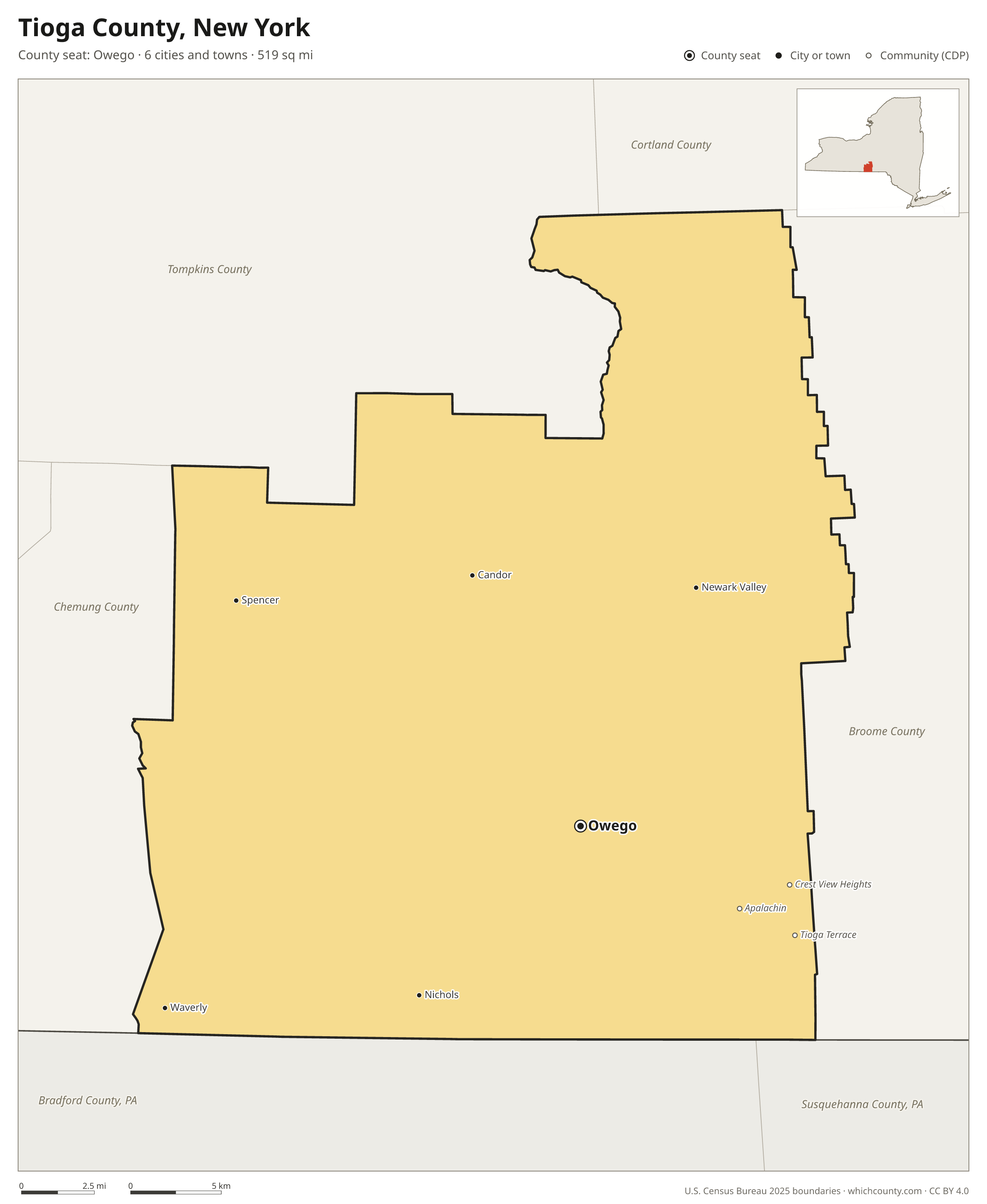 Map of Tioga County, New York with cities, towns and the county boundary