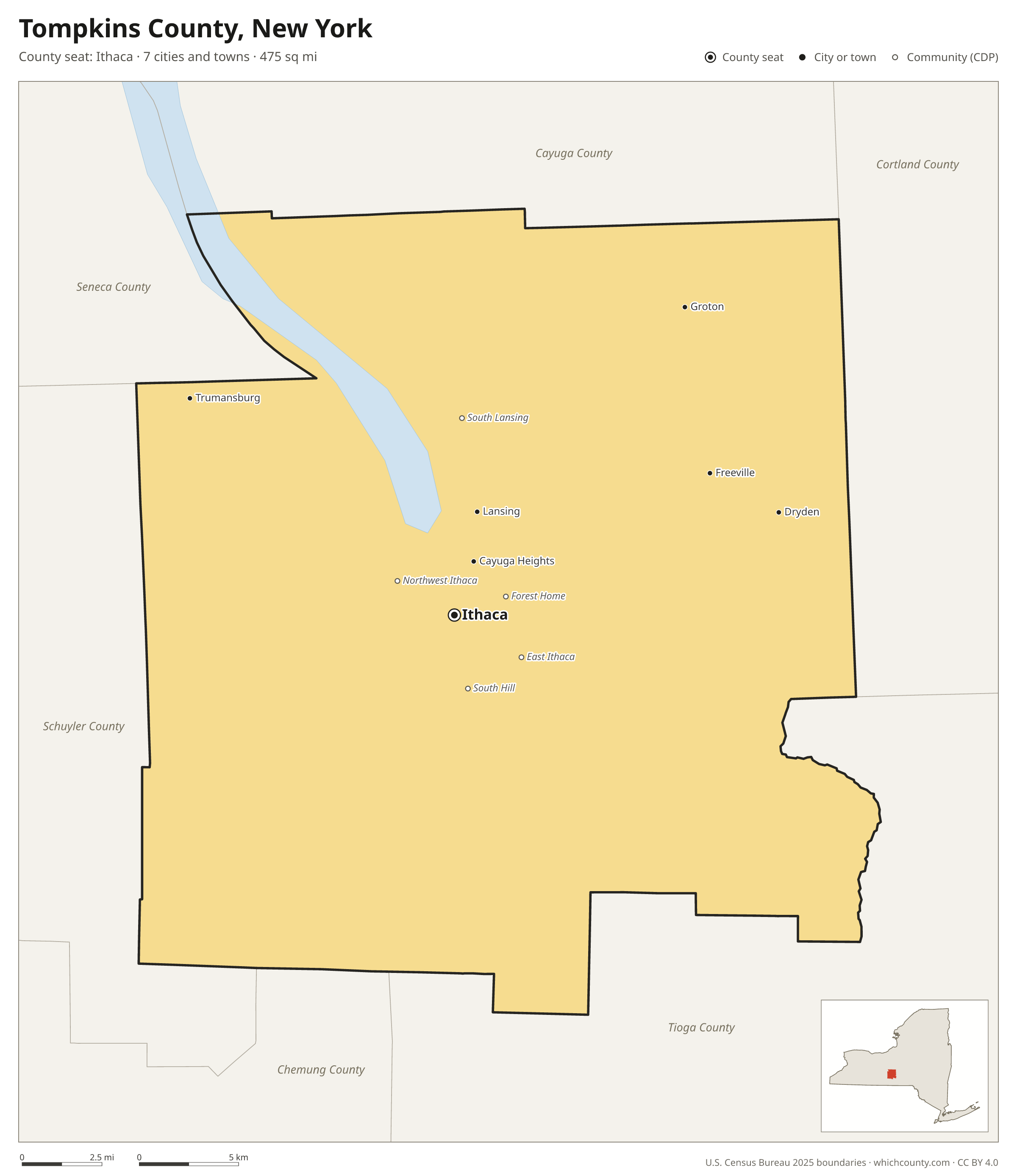 Map of Tompkins County, New York with cities, towns and the county boundary