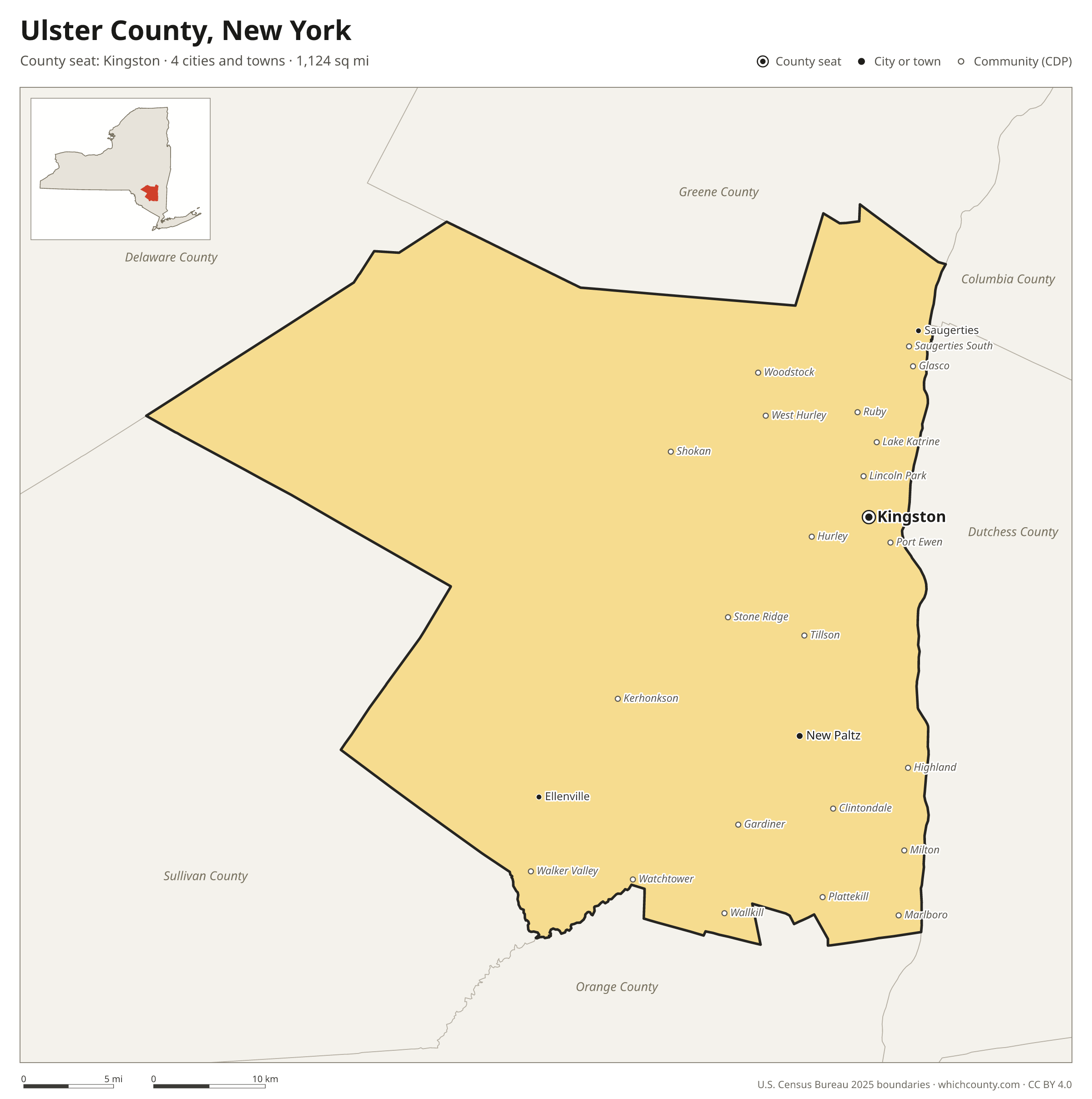 Map of Ulster County, New York with cities, towns and the county boundary