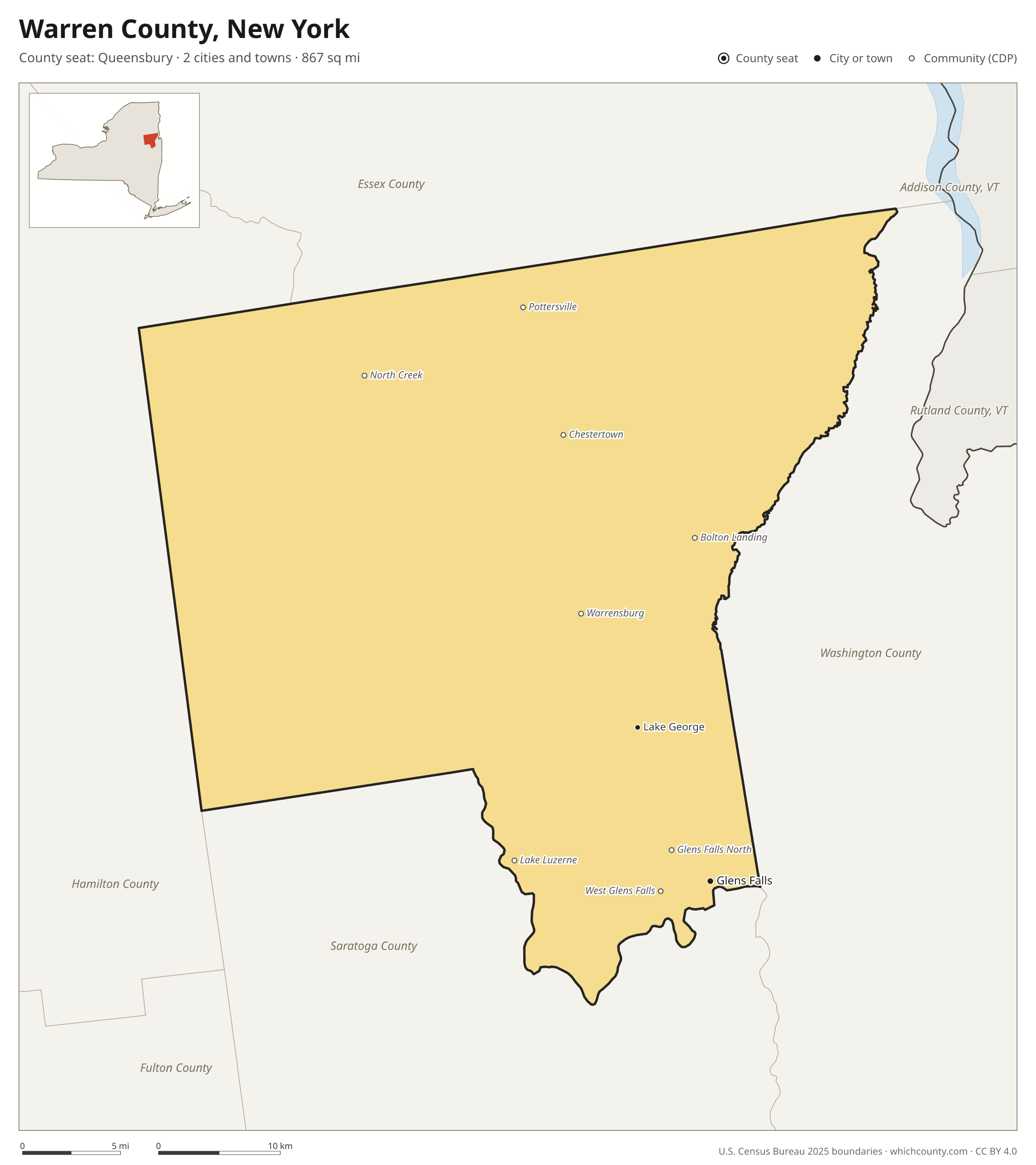 Map of Warren County, New York with cities, towns and the county boundary
