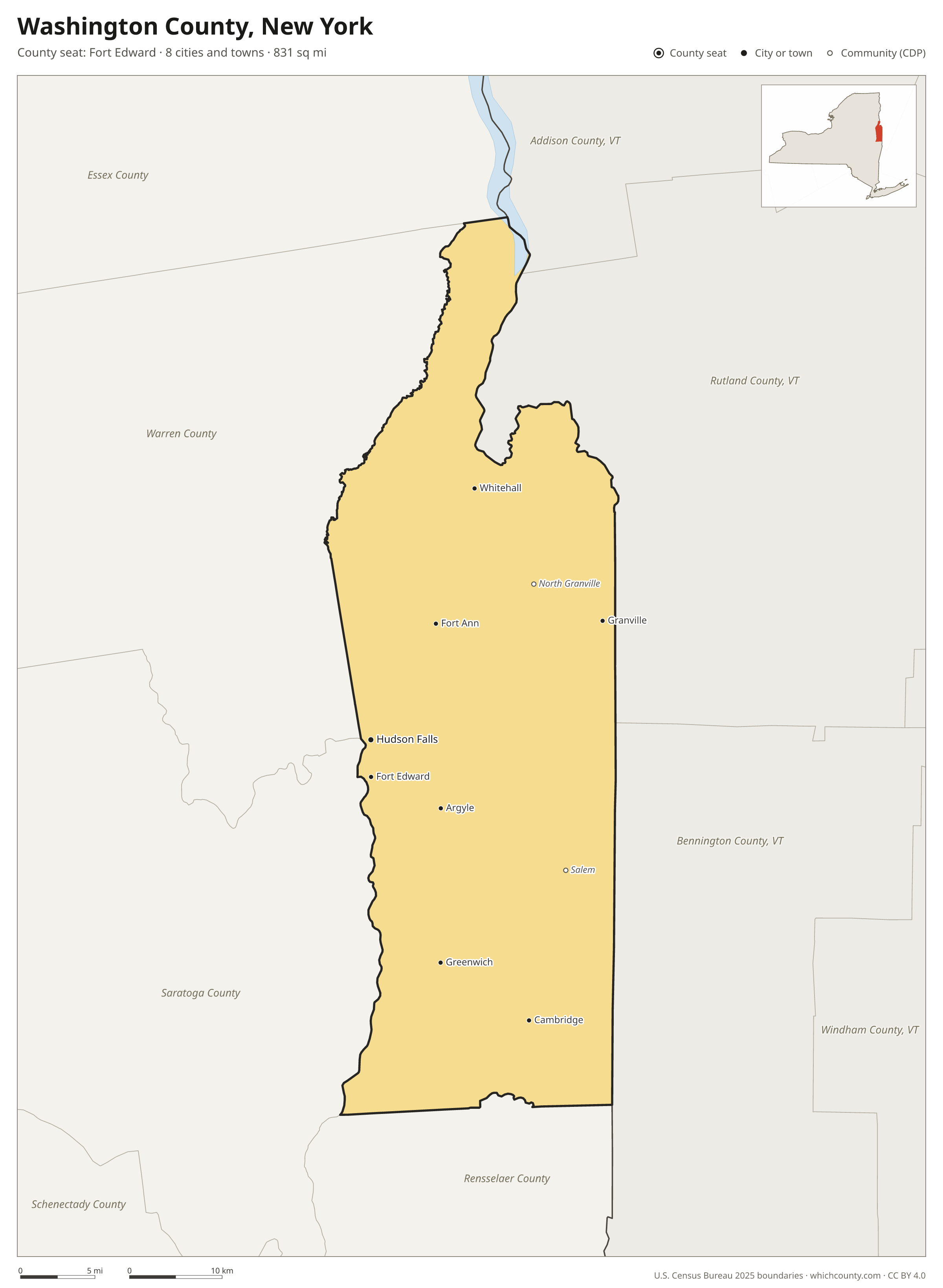 Map of Washington County, New York with cities, towns and the county boundary
