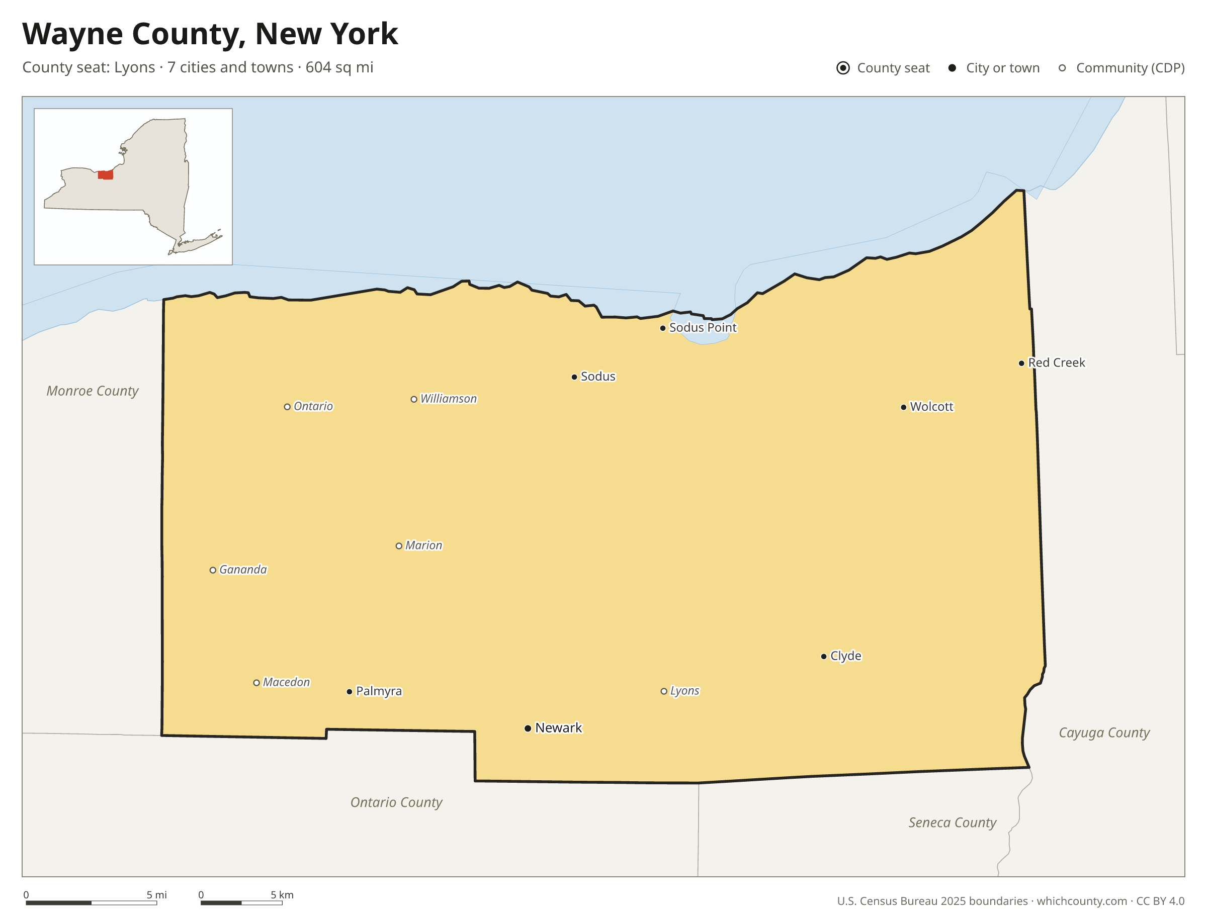 Map of Wayne County, New York with cities, towns and the county boundary