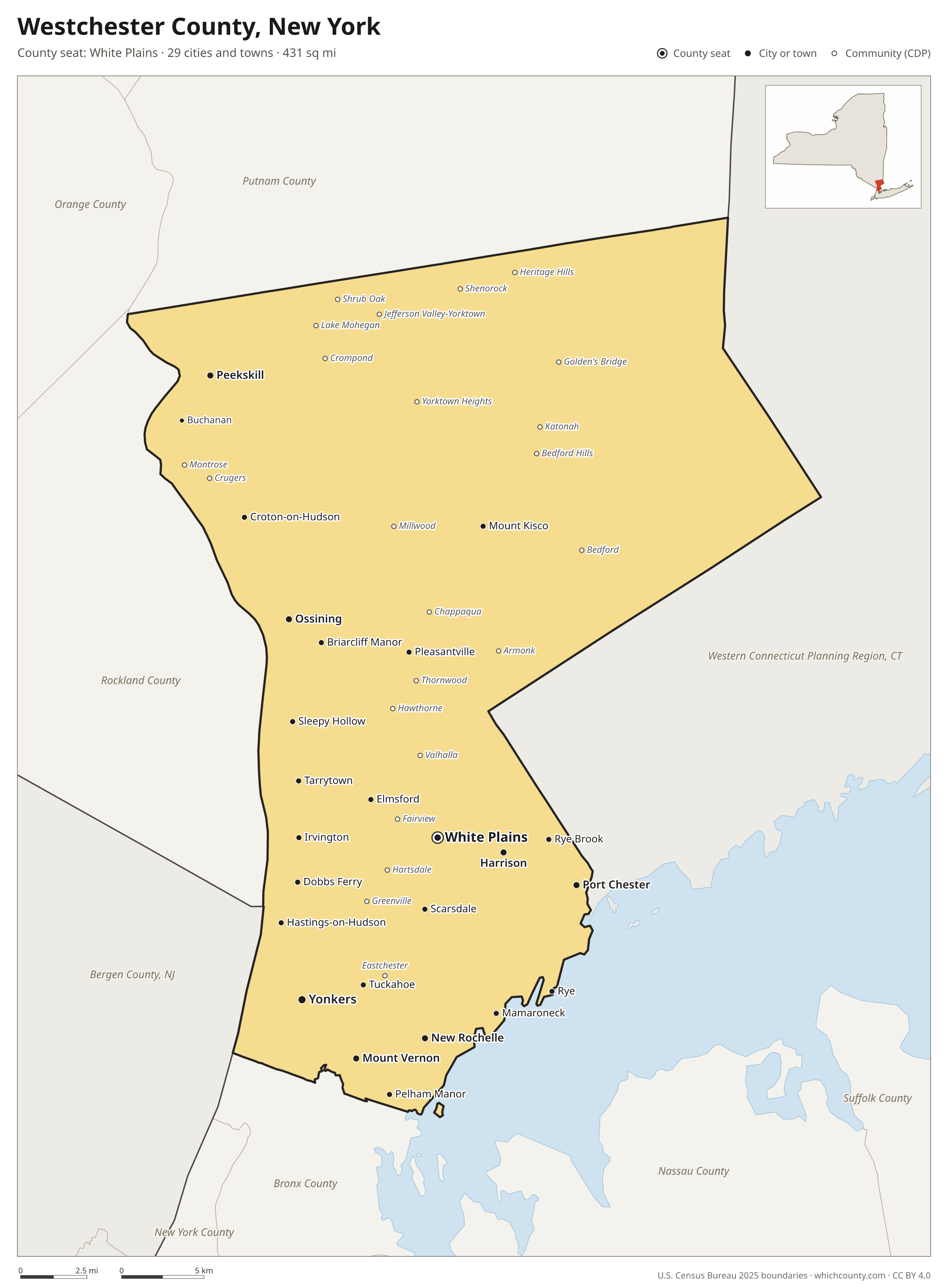 Map of Westchester County, New York with cities, towns and the county boundary