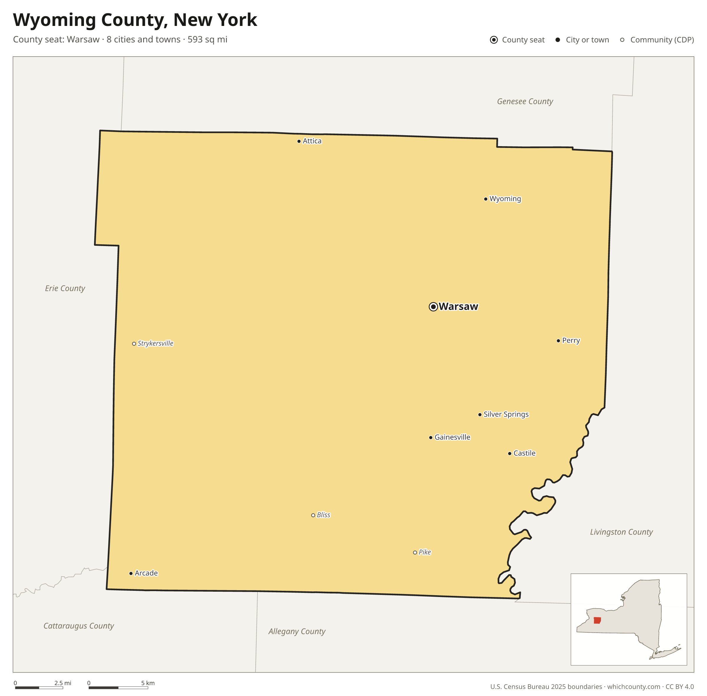 Map of Wyoming County, New York with cities, towns and the county boundary