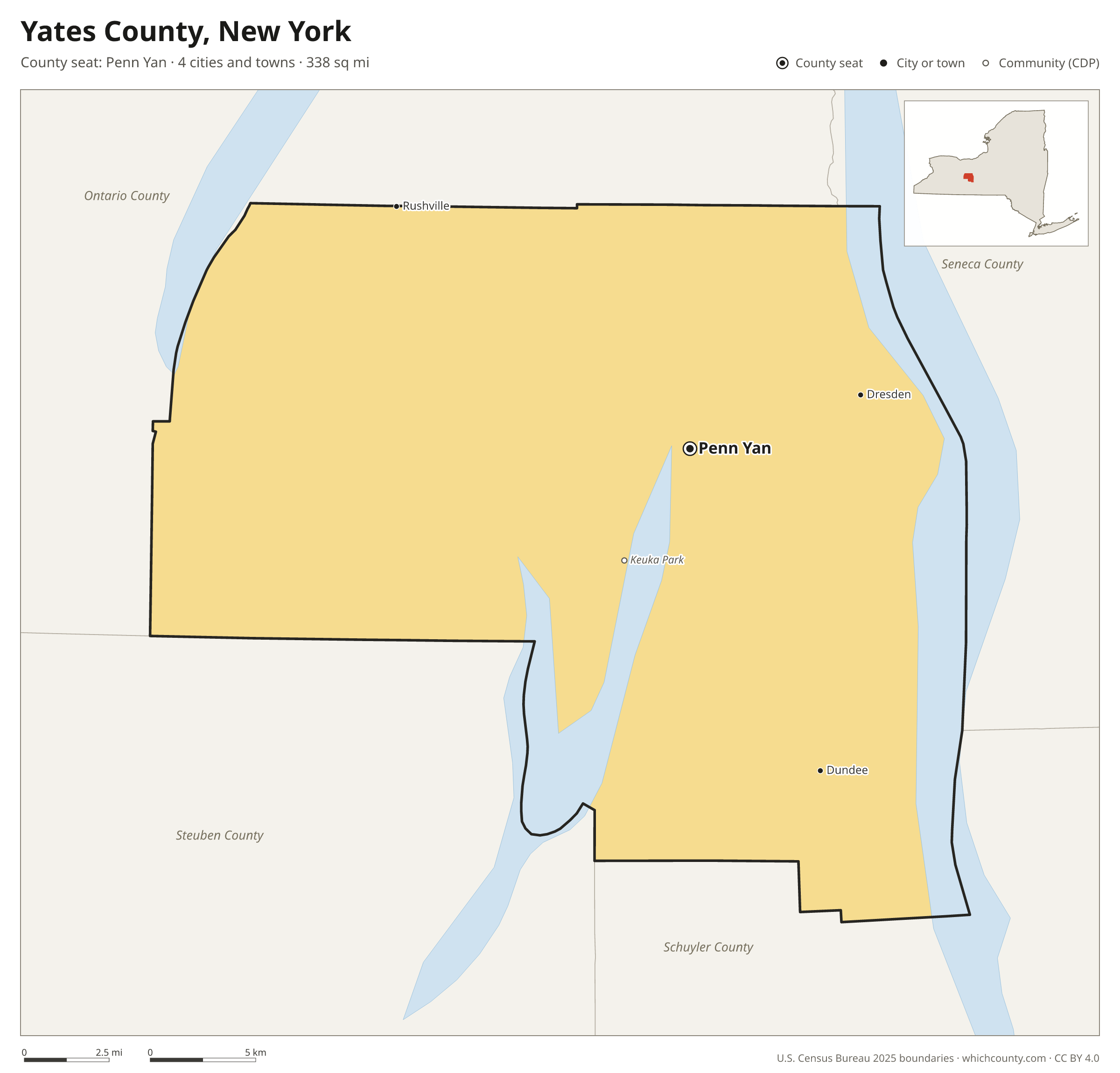 Map of Yates County, New York with cities, towns and the county boundary