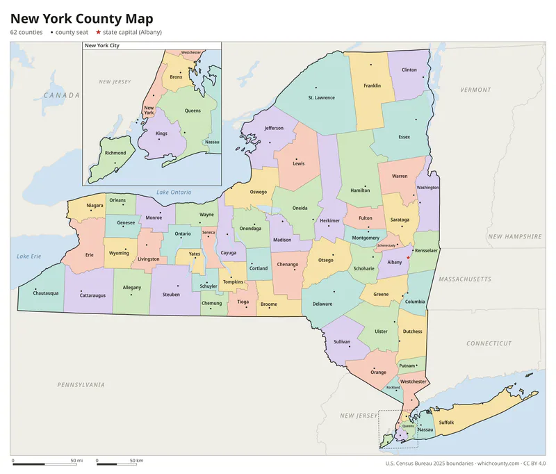 New York county map with all 62 counties labeled