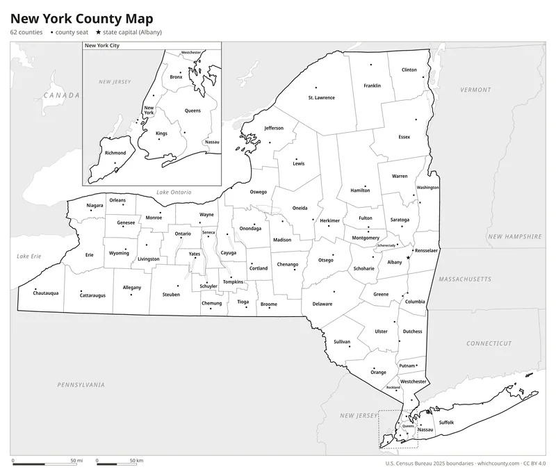 Black and white New York county map