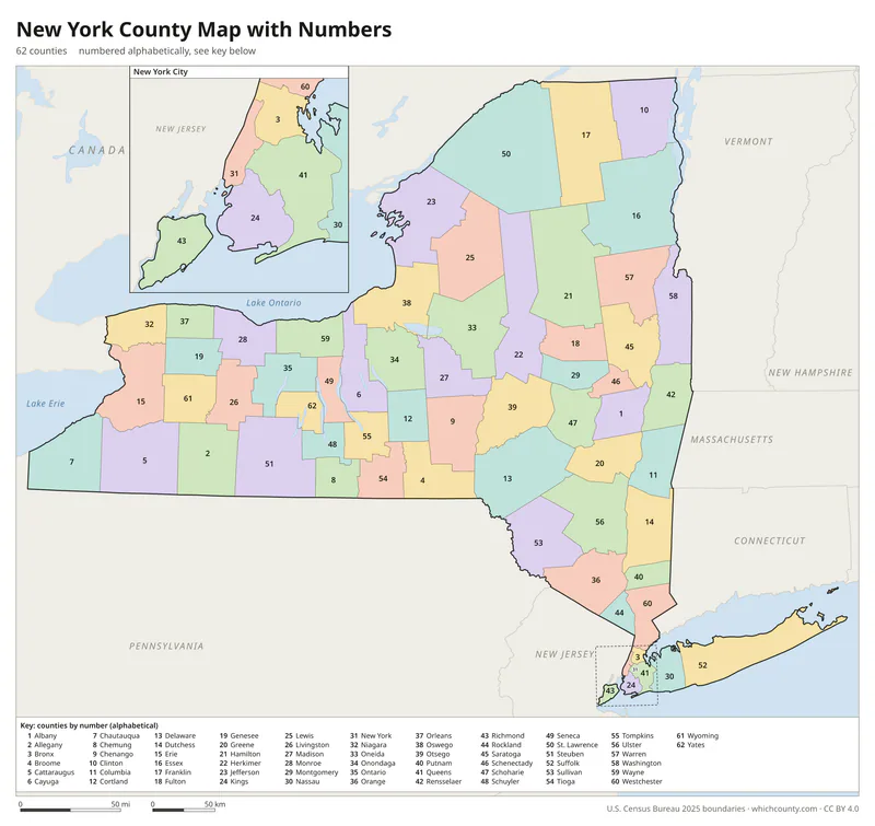 New York county map with numbers