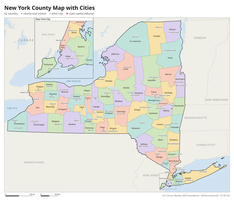 New York county map with cities and county seats