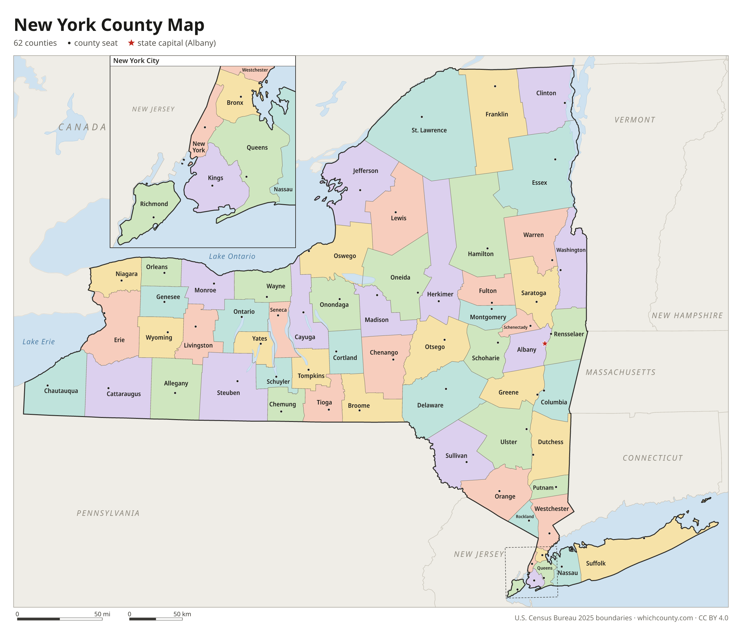 New York county map showing all 62 counties with county names and county seats