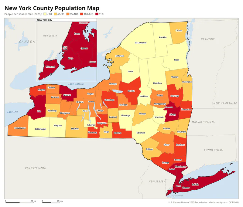 Map of New York counties shaded by population density