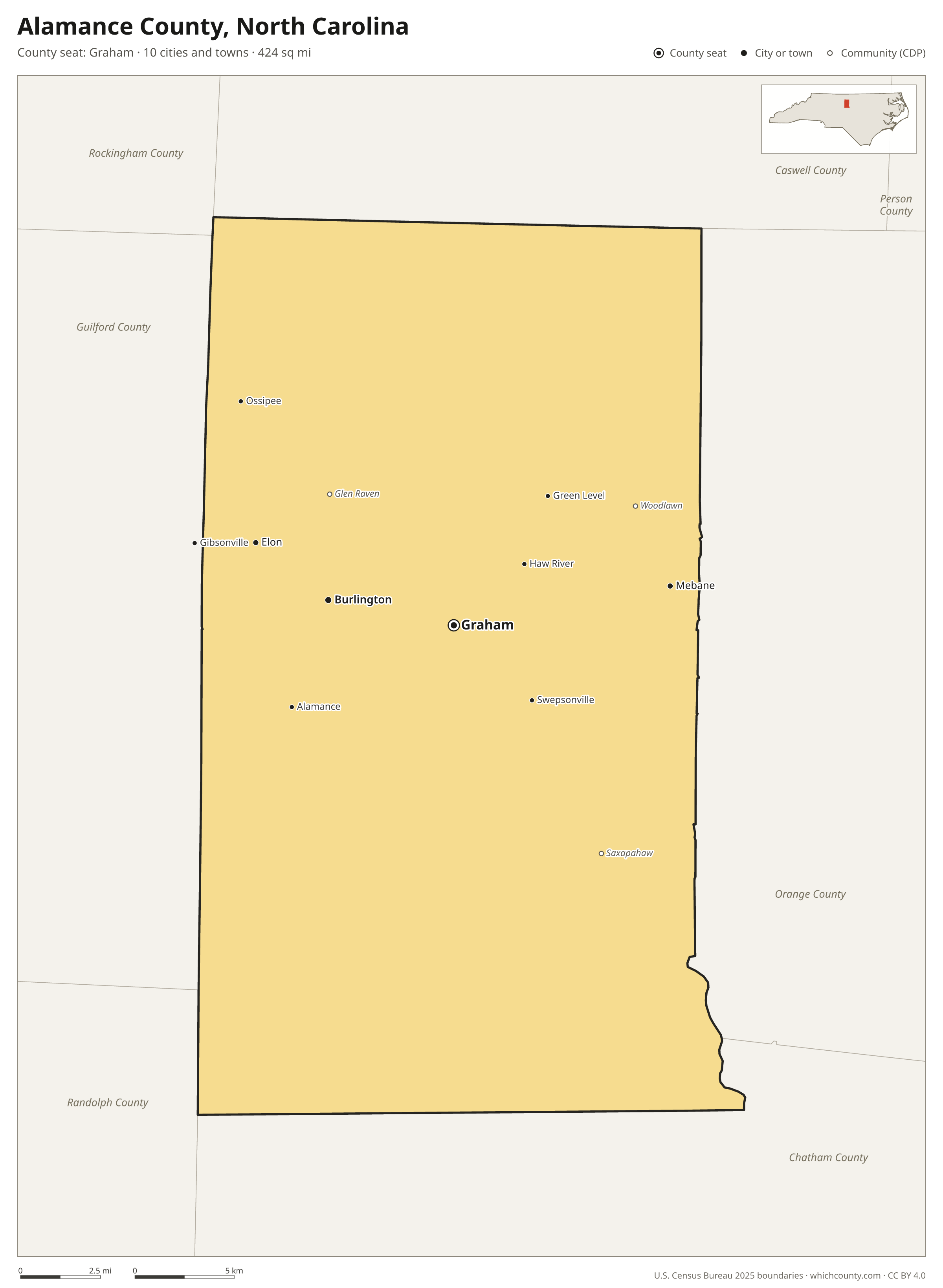 Map of Alamance County, North Carolina with cities, towns and the county boundary