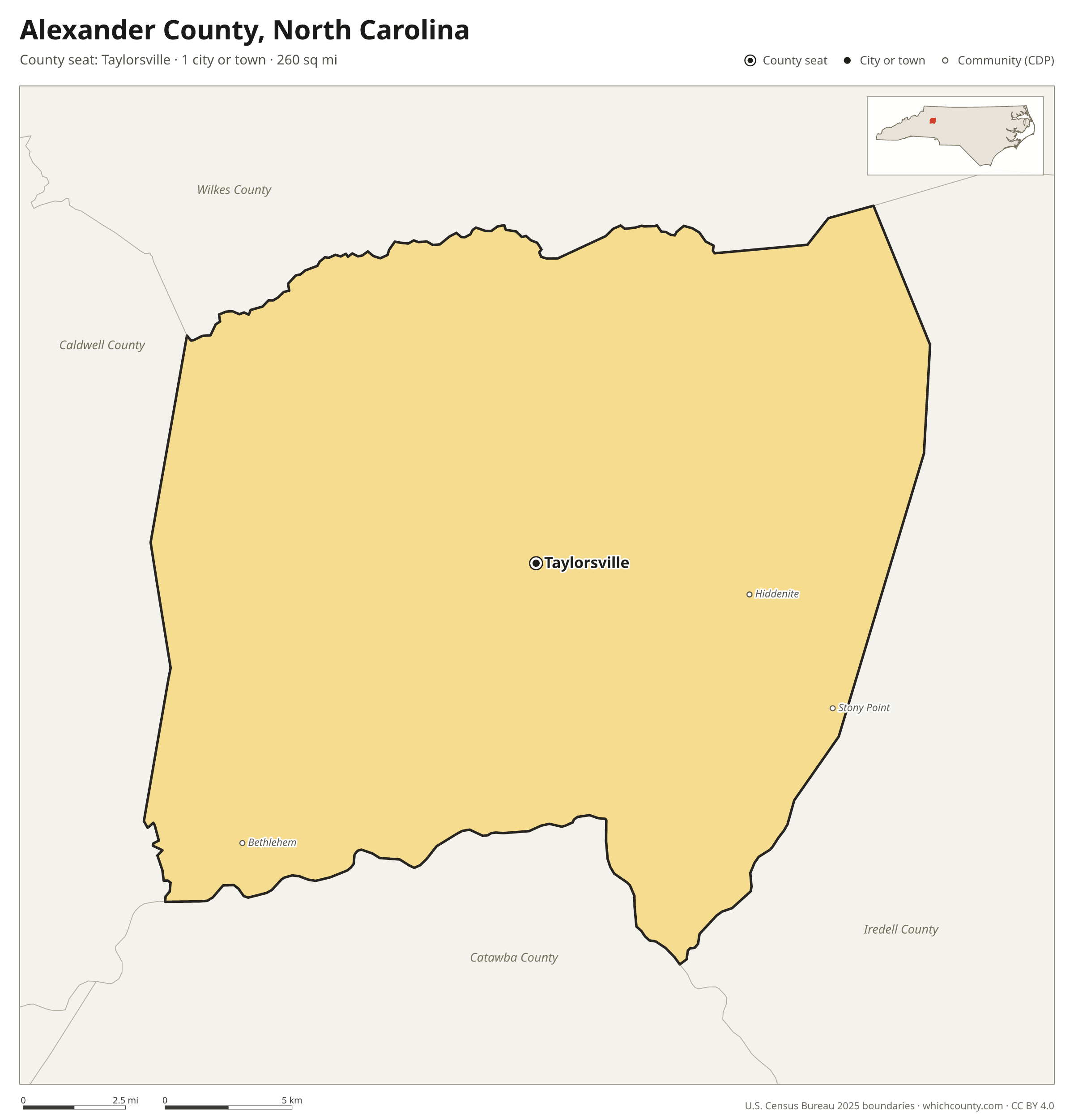 Map of Alexander County, North Carolina with cities, towns and the county boundary
