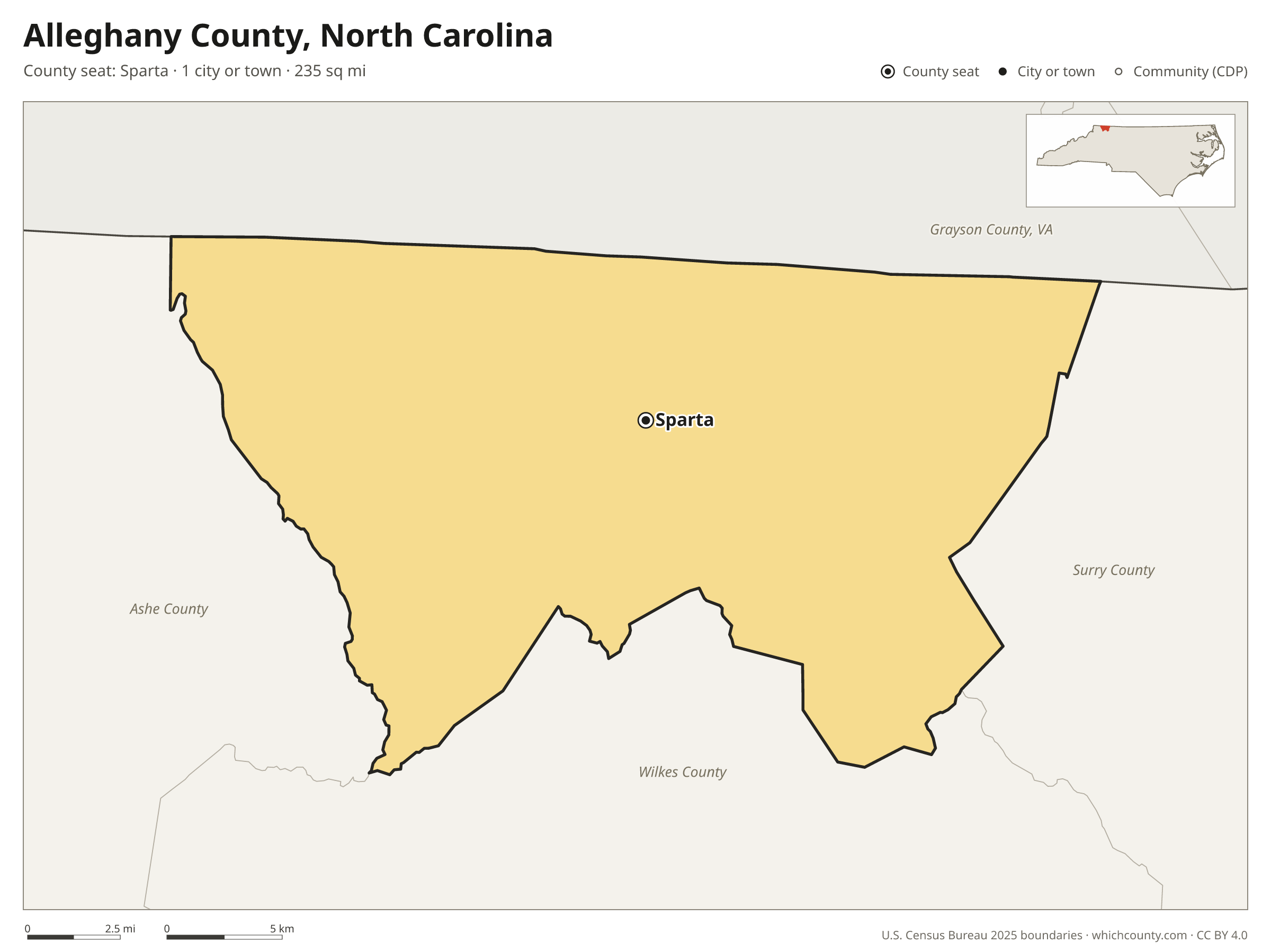 Map of Alleghany County, North Carolina with cities, towns and the county boundary