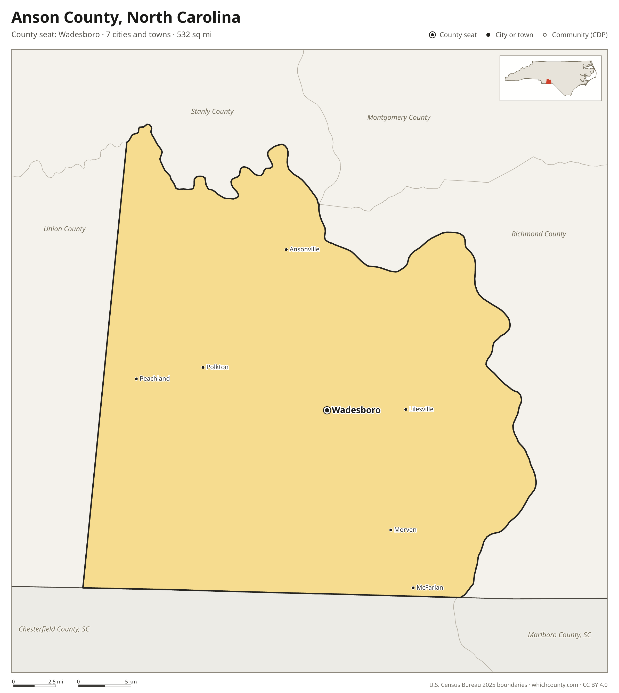 Map of Anson County, North Carolina with cities, towns and the county boundary